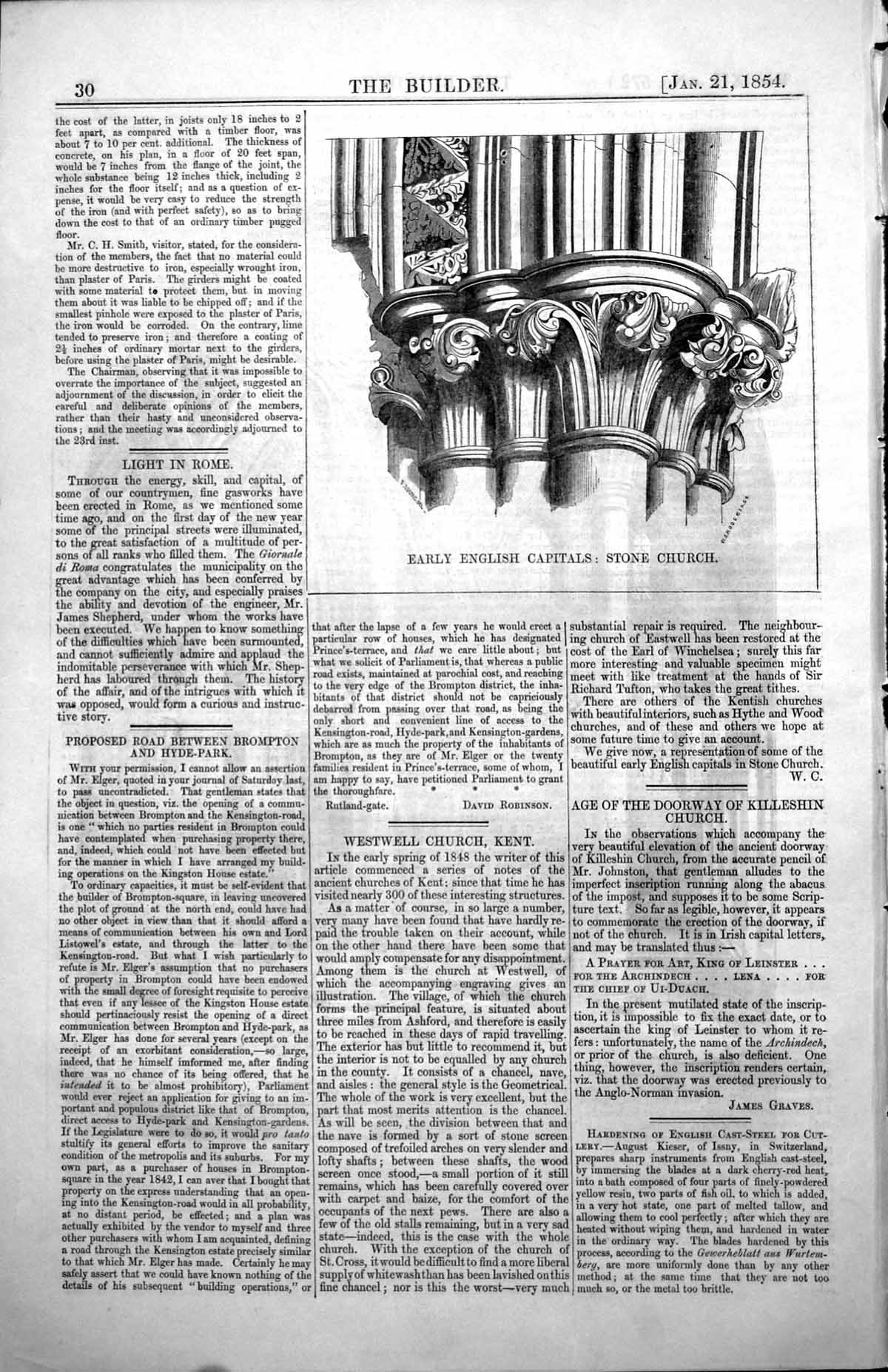 Original Old Antique Print Early English Capitals Stone Church 1854 Victorian