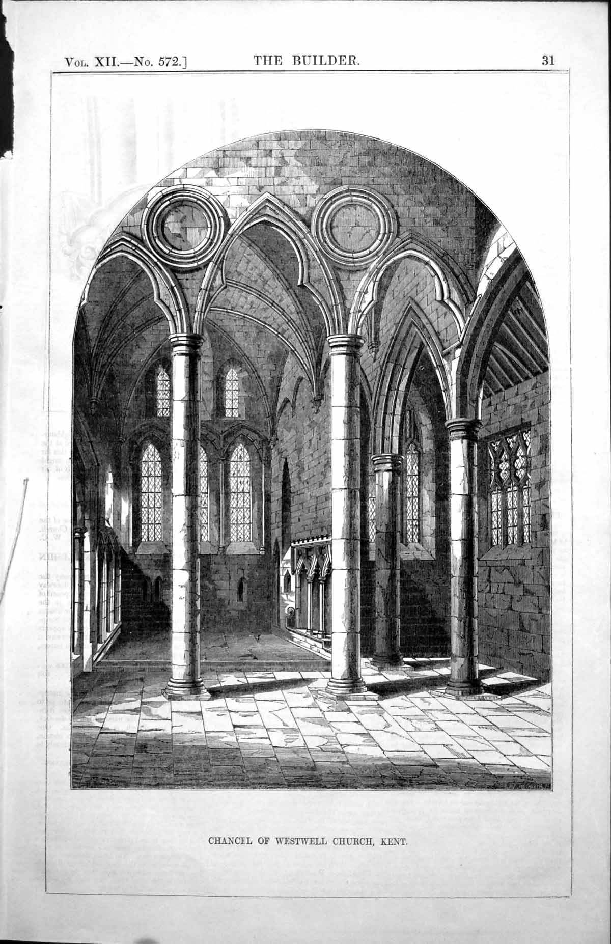 Original Old Antique Print Chancel Westwell Church Kent 1854 19th
