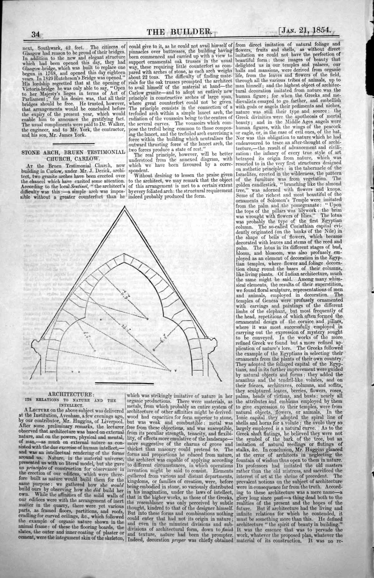 Original Old Antique Print Stone Arch Bruen Testimonial Church Carlow Plan 1854