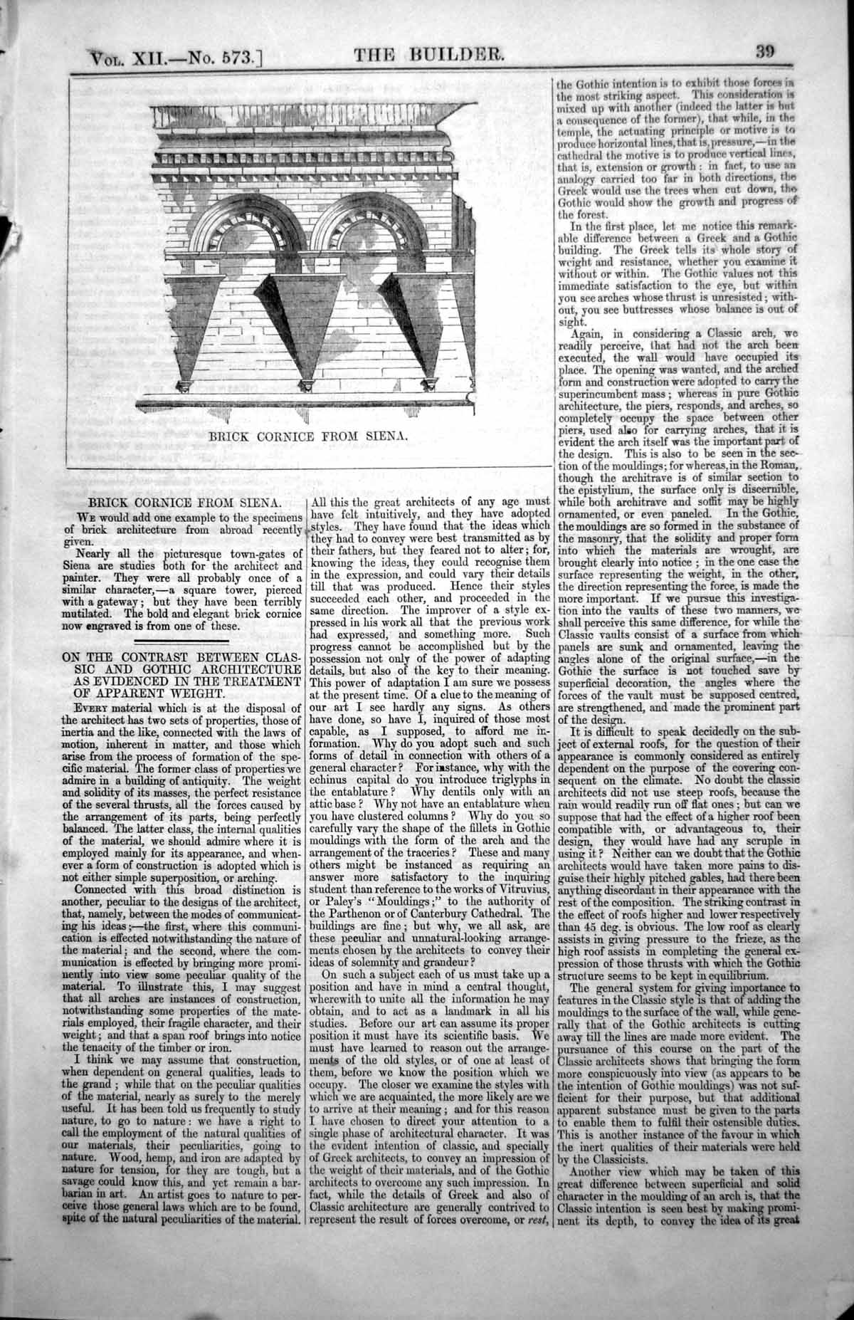 Original Old Antique Print BElegant Brick Cornice Tower Siena 1854 Victorian