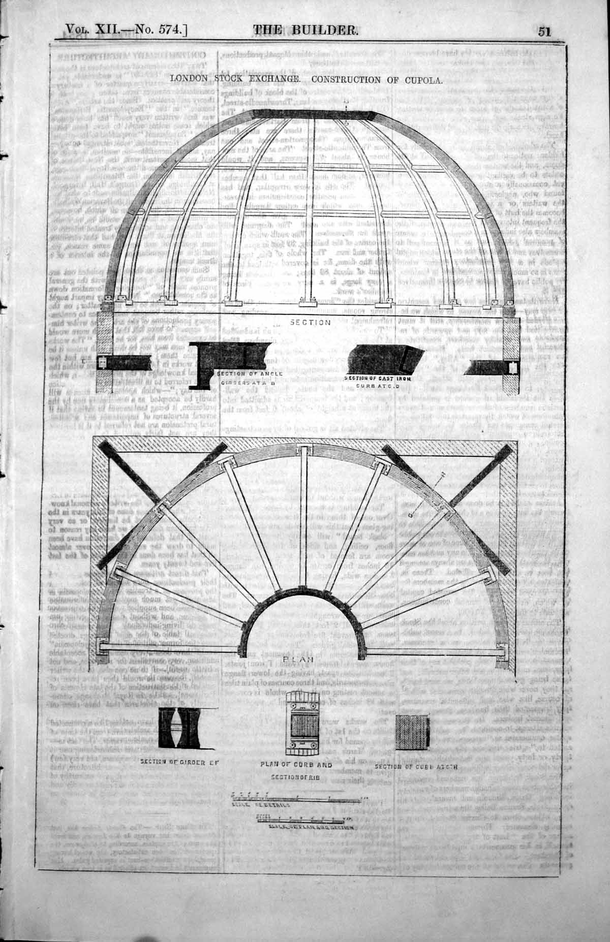 Antique Old Print London Stock Exchange Construction Cupola Girders Iron 1854