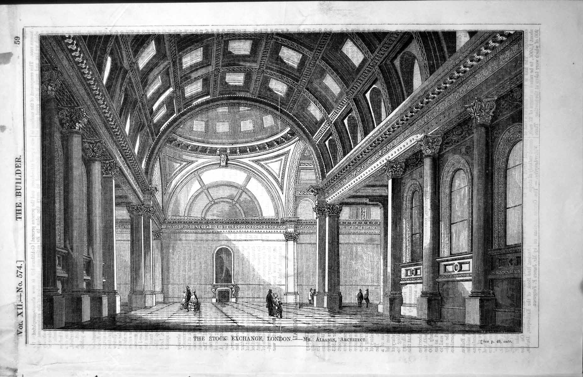 Antique Old Print Stock Exchange London Interior Plan Allason Architect 1854