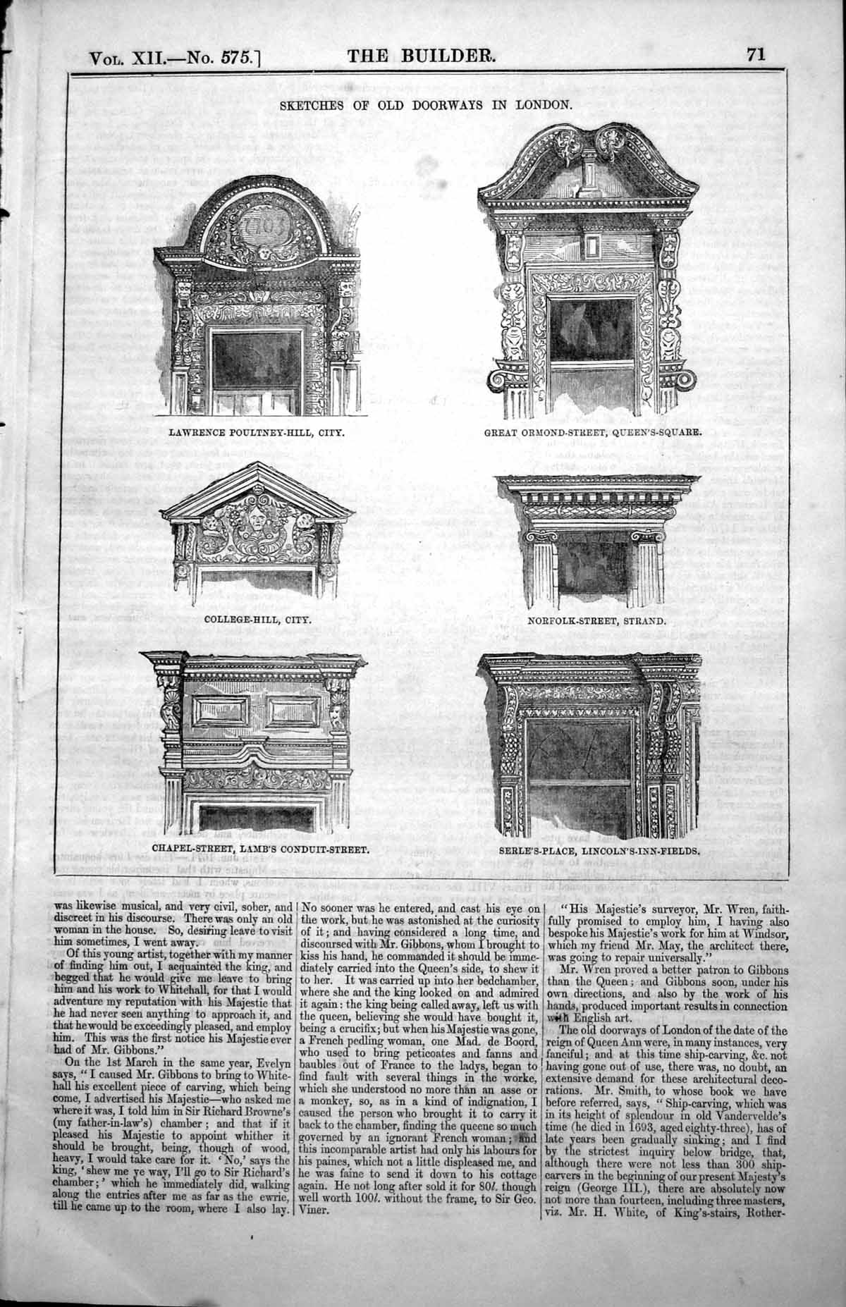 Antique Old Print Doorways London Norfolk St Strand College Hill Serles 1854
