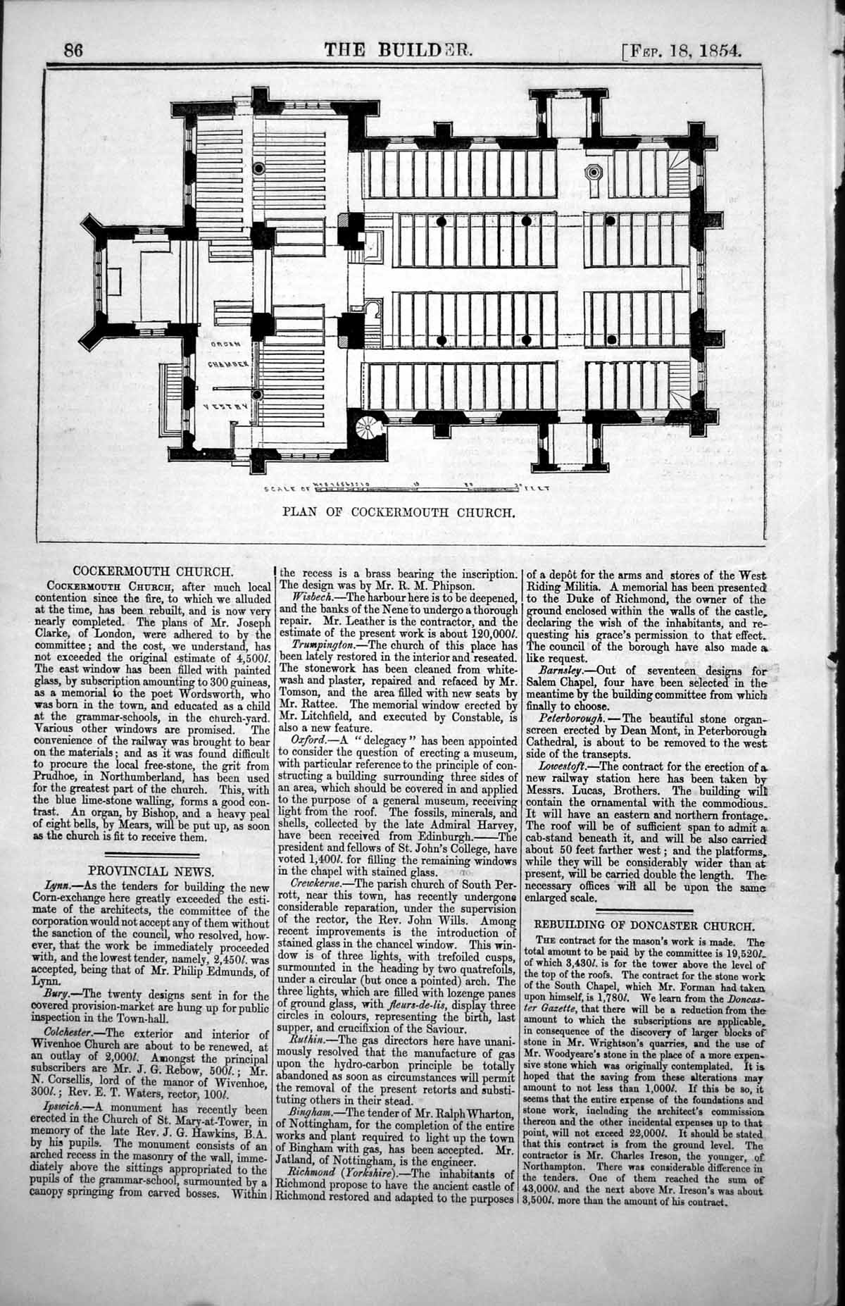 Old Plan Cockermouth Church Rebuilt After Fire Joseph Clarke Arch 1854 19th