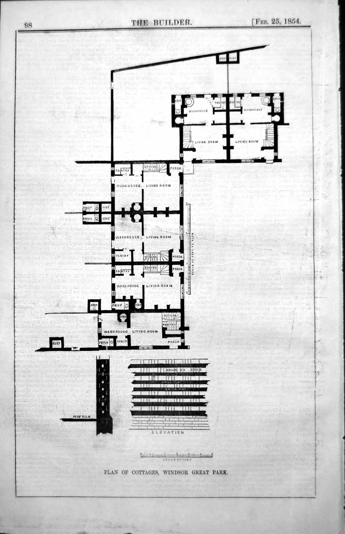 Old Print Plan Cottages Windsor Great Park Elevation Washhouse Porch 1854 19th