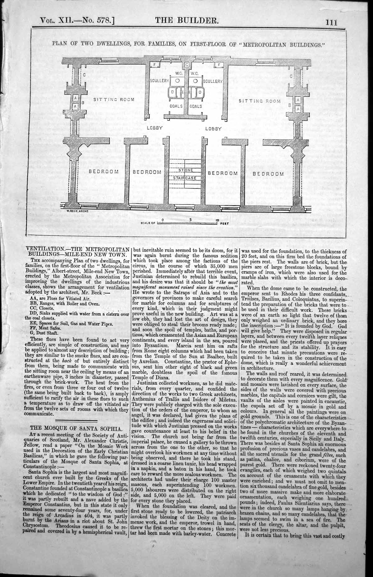 Old Plan Two Dwellings Families First Floor Metropolitan Buildings 1854 19th