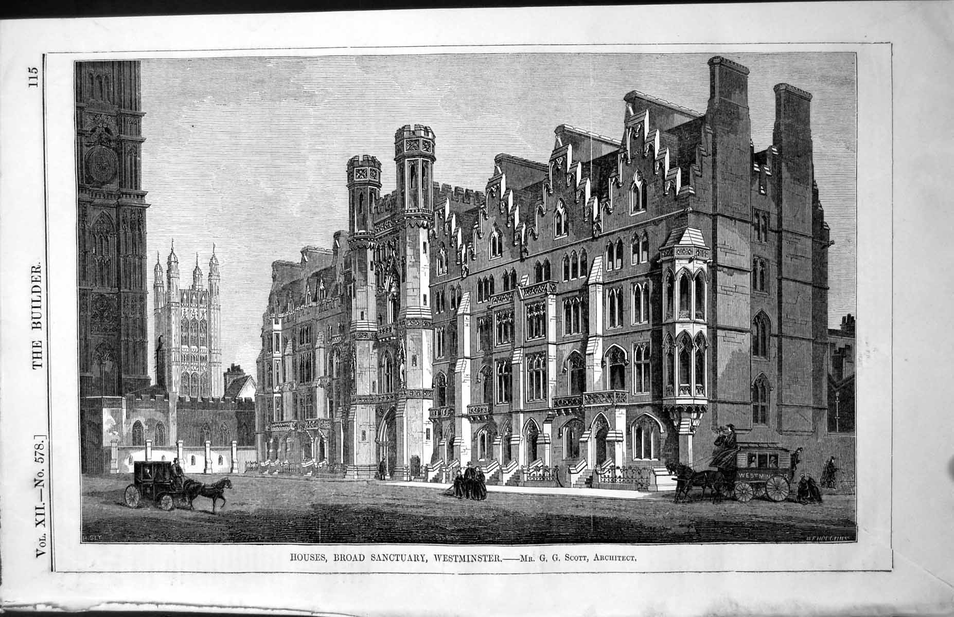 Antique Old Print Houses Broad Sanctuary Westminster G G Scott Architect 1854