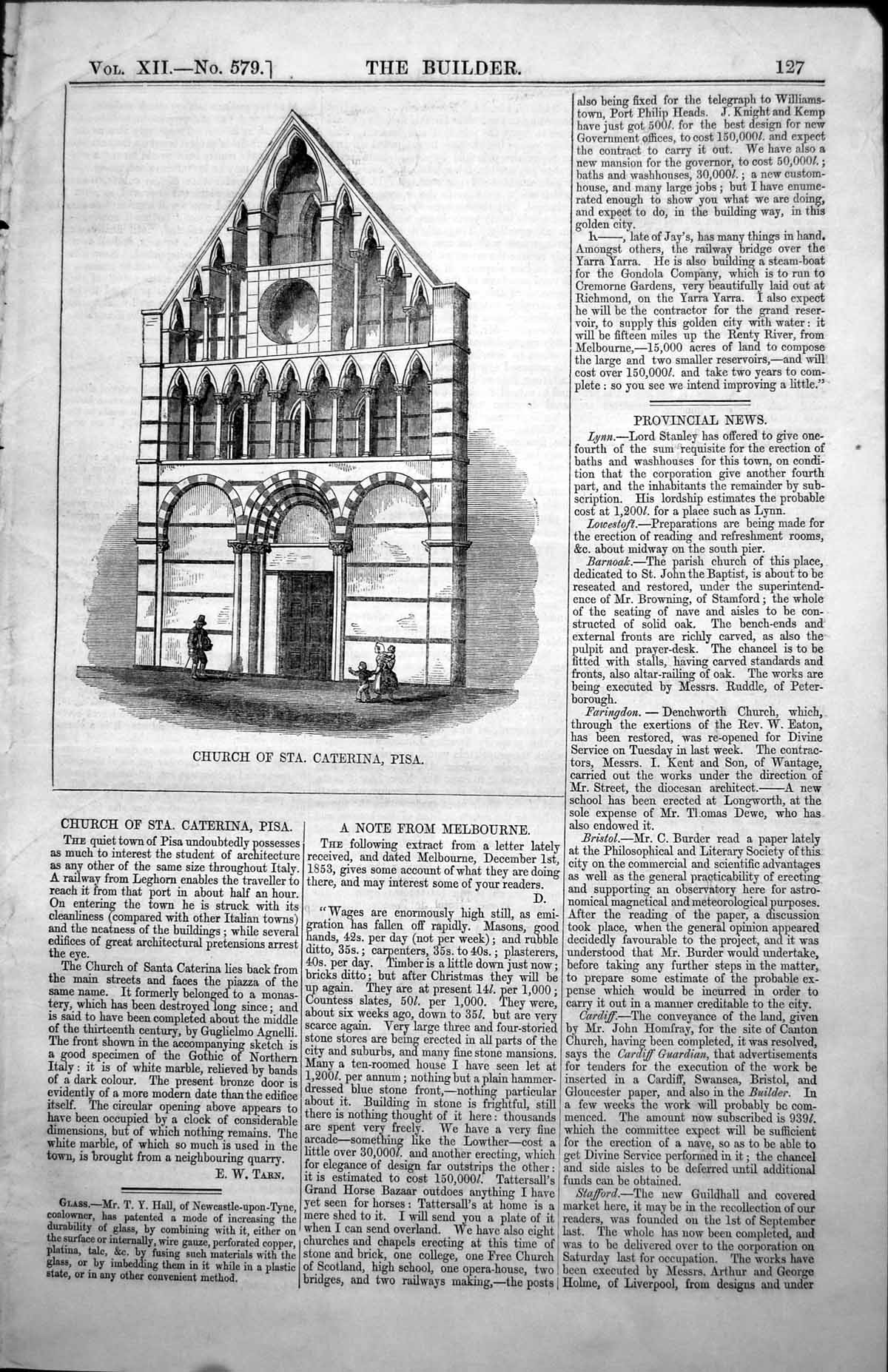 Old Print Church Sta Caterina Pisa Gothic Northern Italy Guglielmo Agnelli 1854