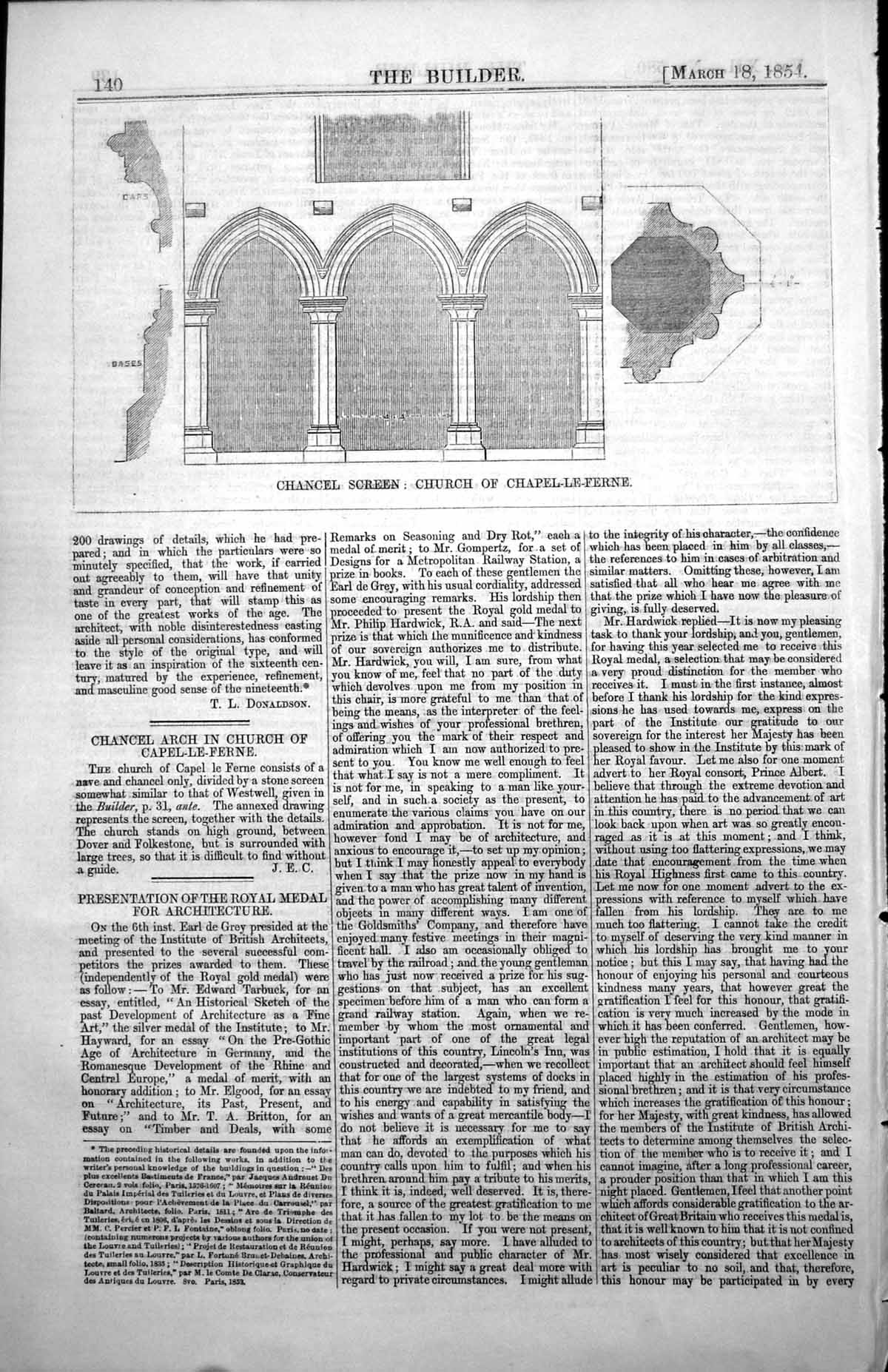 Antique Old Print Chancel Screen Church Chapel-Le-Ferne Dover Folkestone 1854