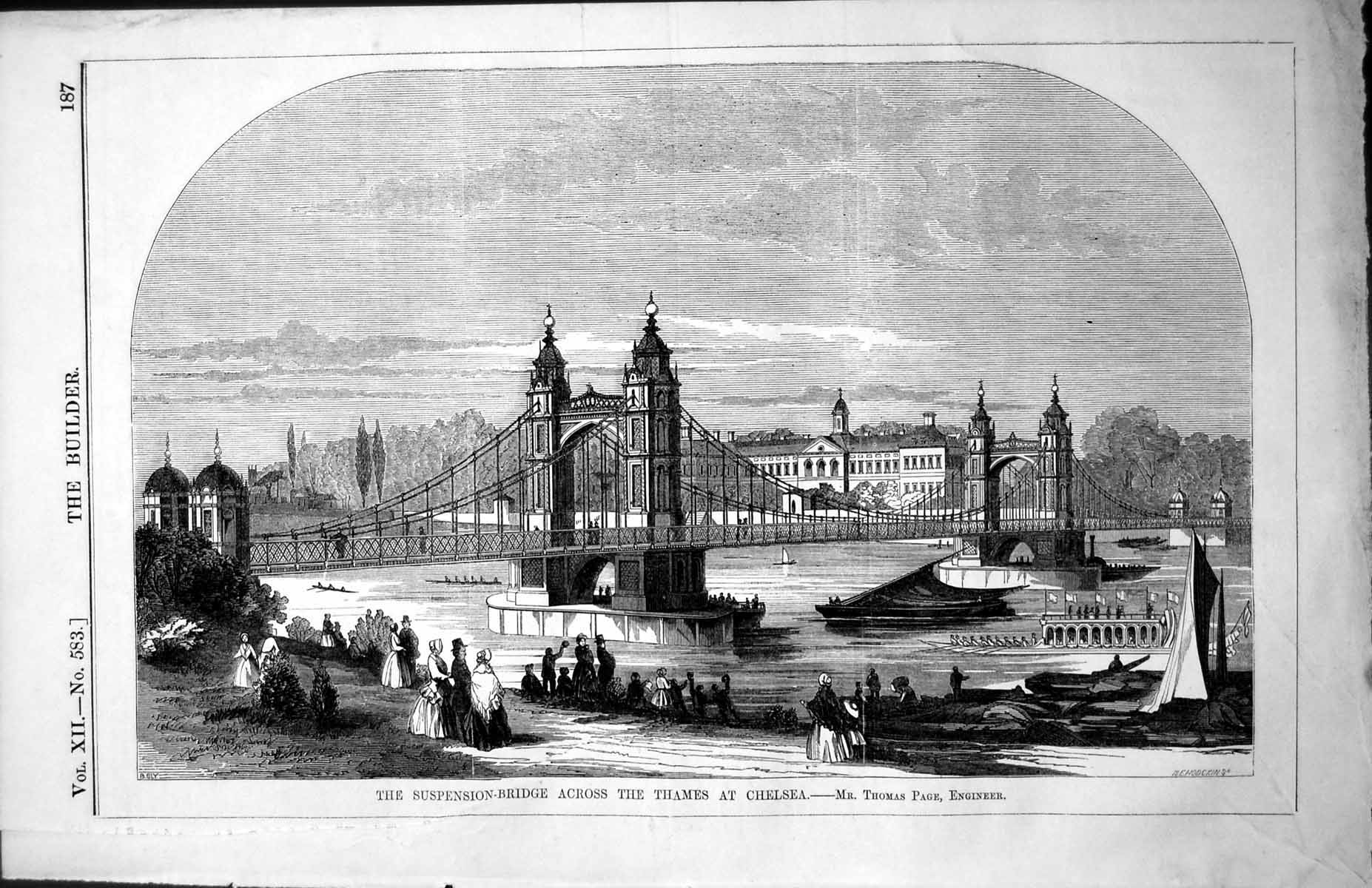 Old Suspension Bridge Across Thames Chelsea Thomas Page Engineer 1854 Victorian