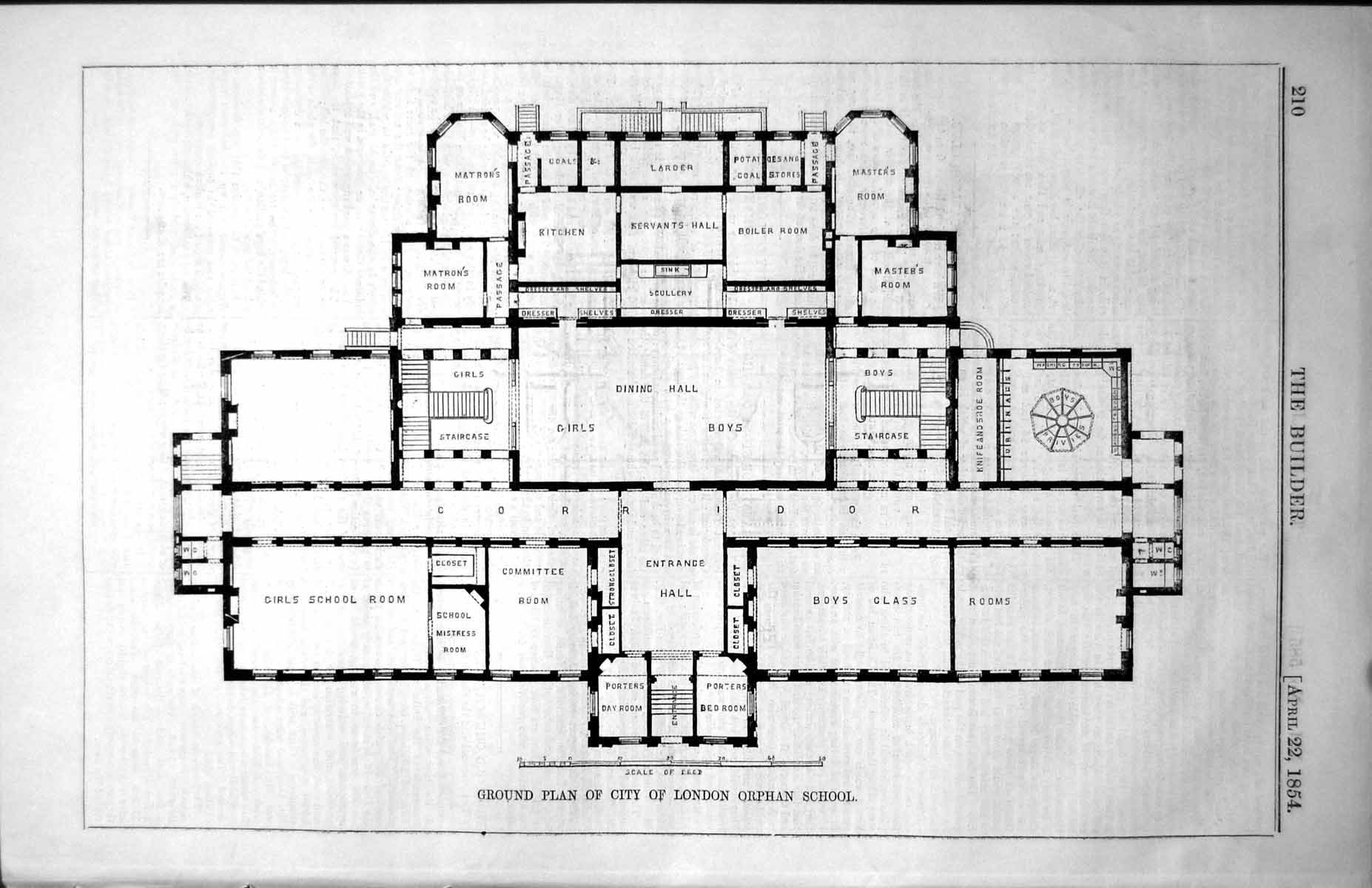 Antique Old Print Ground Plan City London Orphan School Entrance Hall 1854 19th