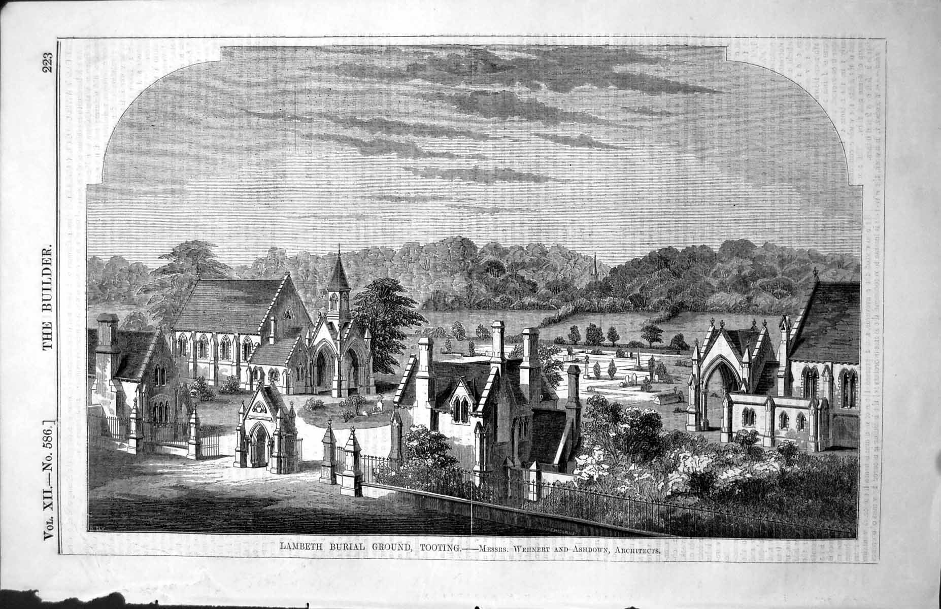 Antique Old Print Lambeth Burial Ground Tooting Church Wehnert & Ashdown 1854