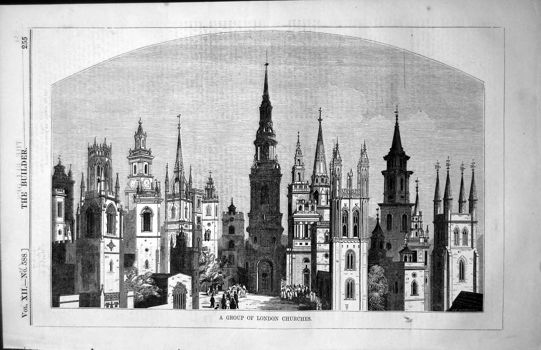 Original Old Antique Print Group London Churches Towers Spires 1854 Victorian