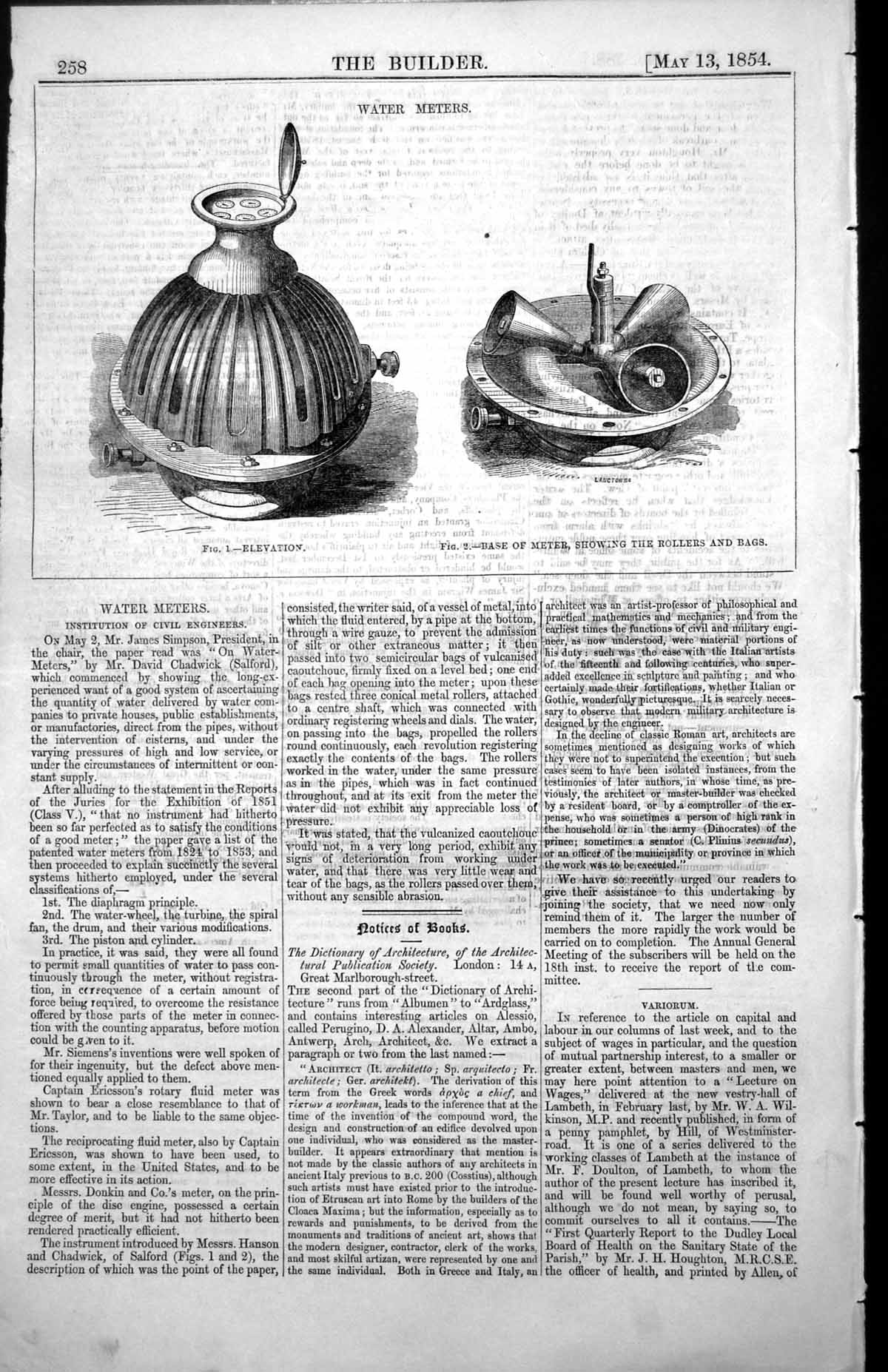 Antique Old Print Water Meters Elevation Base Meter Showing Rollers Bags 1854