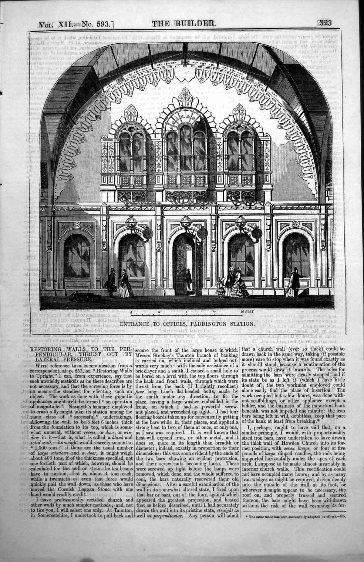 Old Antique Print Entrance Offices Paddington Station Arched Windows 1854 19th