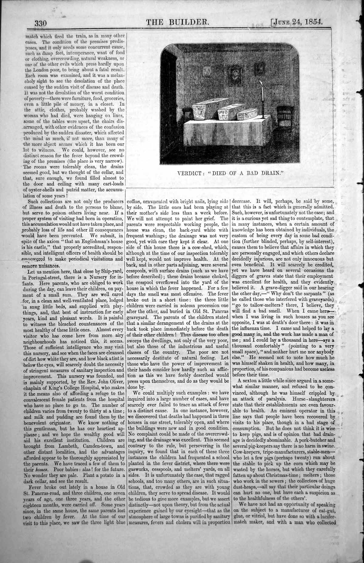 Old Antique Print Verdict Died Bad Drain Three Coffins Child Candle 1854 19th
