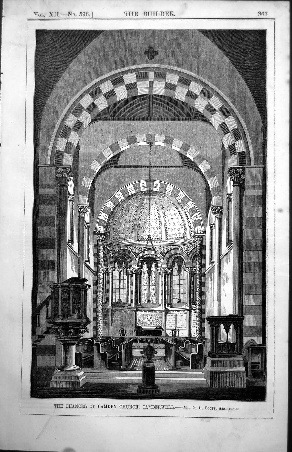 Antique Old Print Chancel Camden Church Camberwell G G Scott Architect 1854
