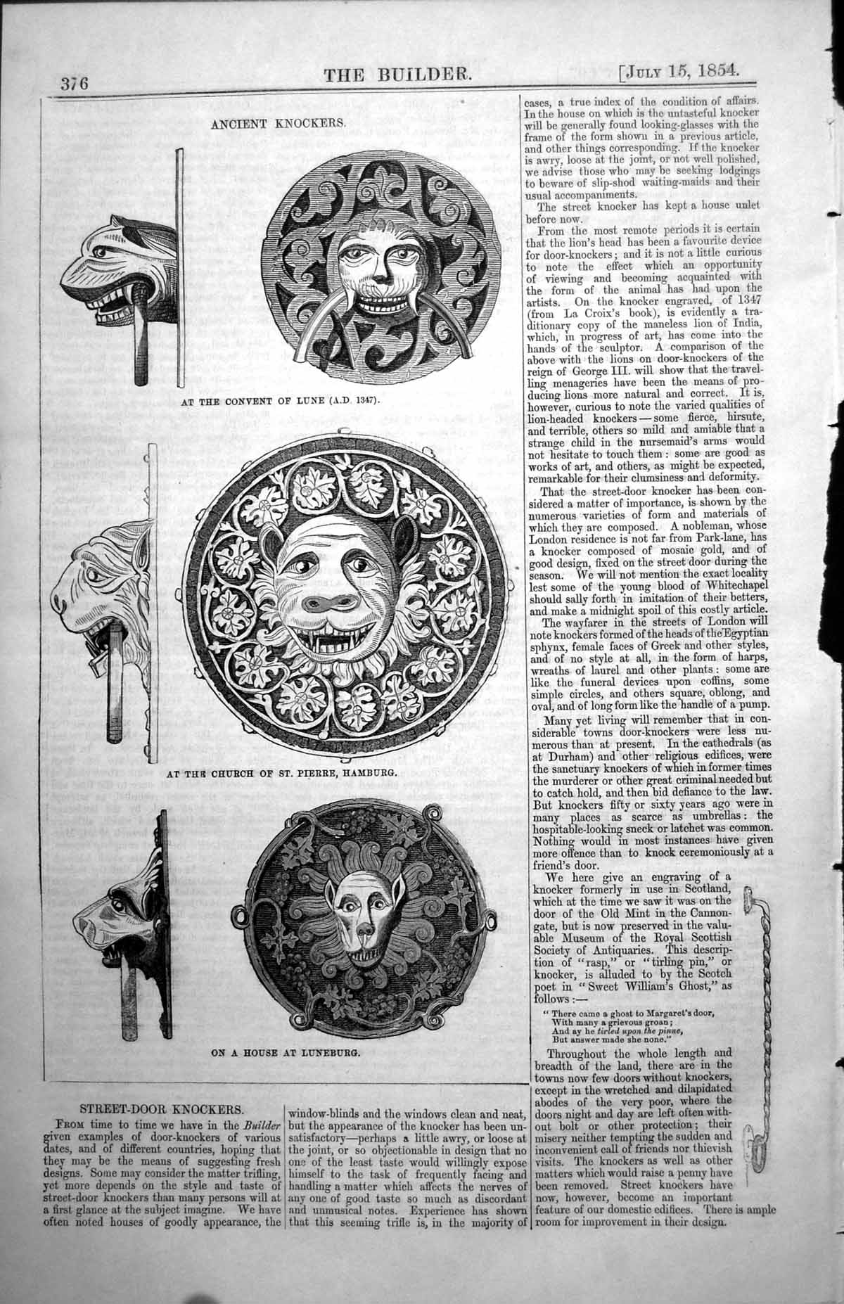 Old Print Street Door Knockers Convent Lune Church St Pierre Hamburg 1854 19th