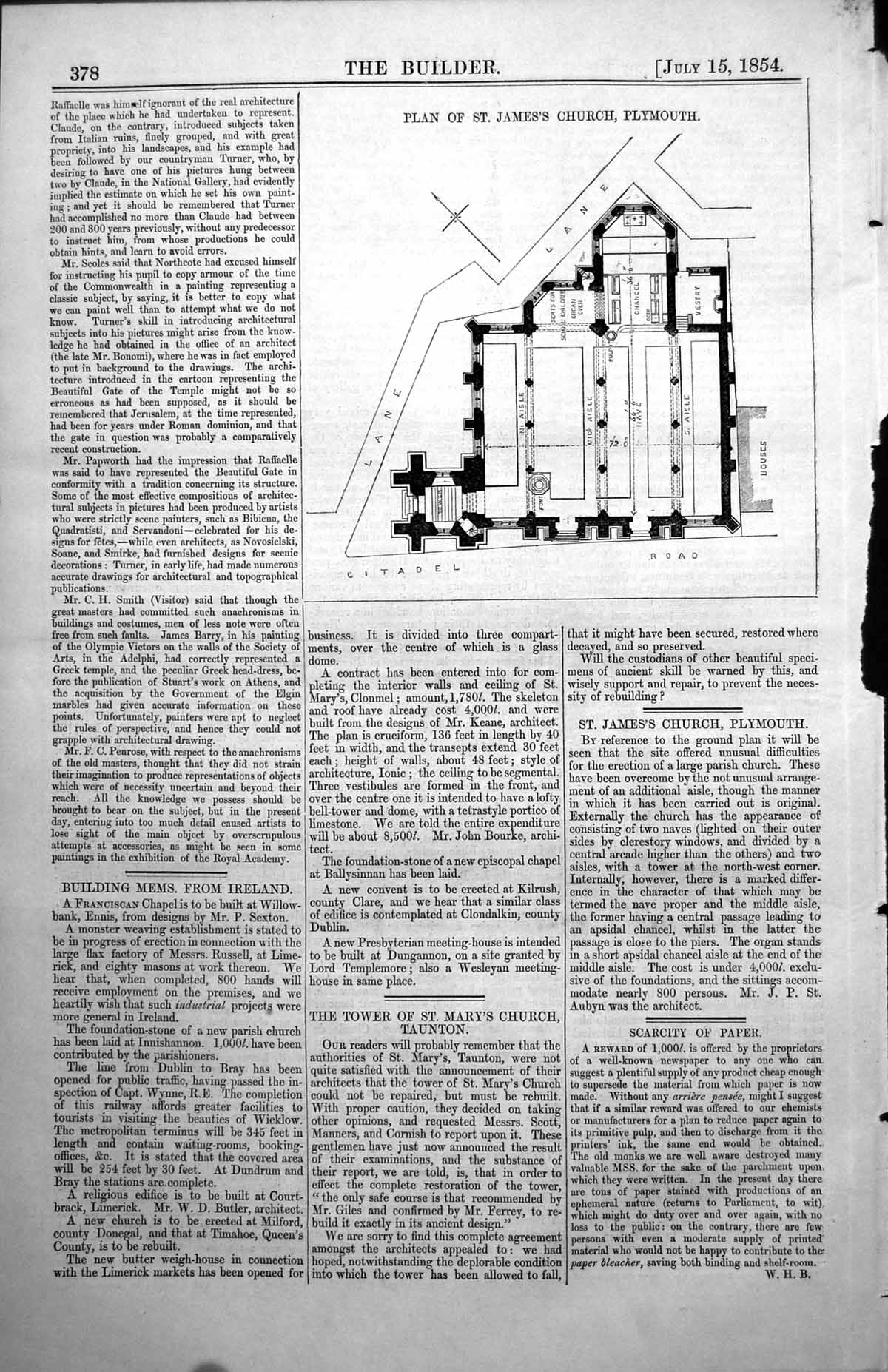 Old Print Plan St Jamess Church Plymouth Two Naves Tower J St Aubyn 1854 19th