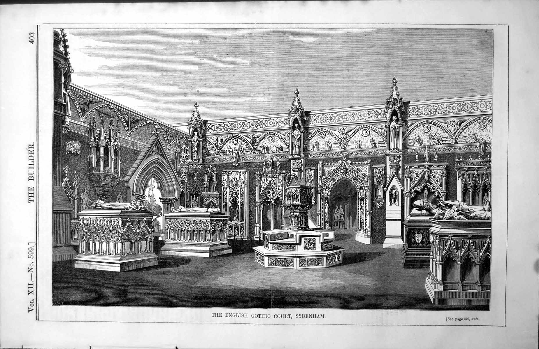 Original Old Antique Print English Gothic Court Sydenham Interior 1854 19th