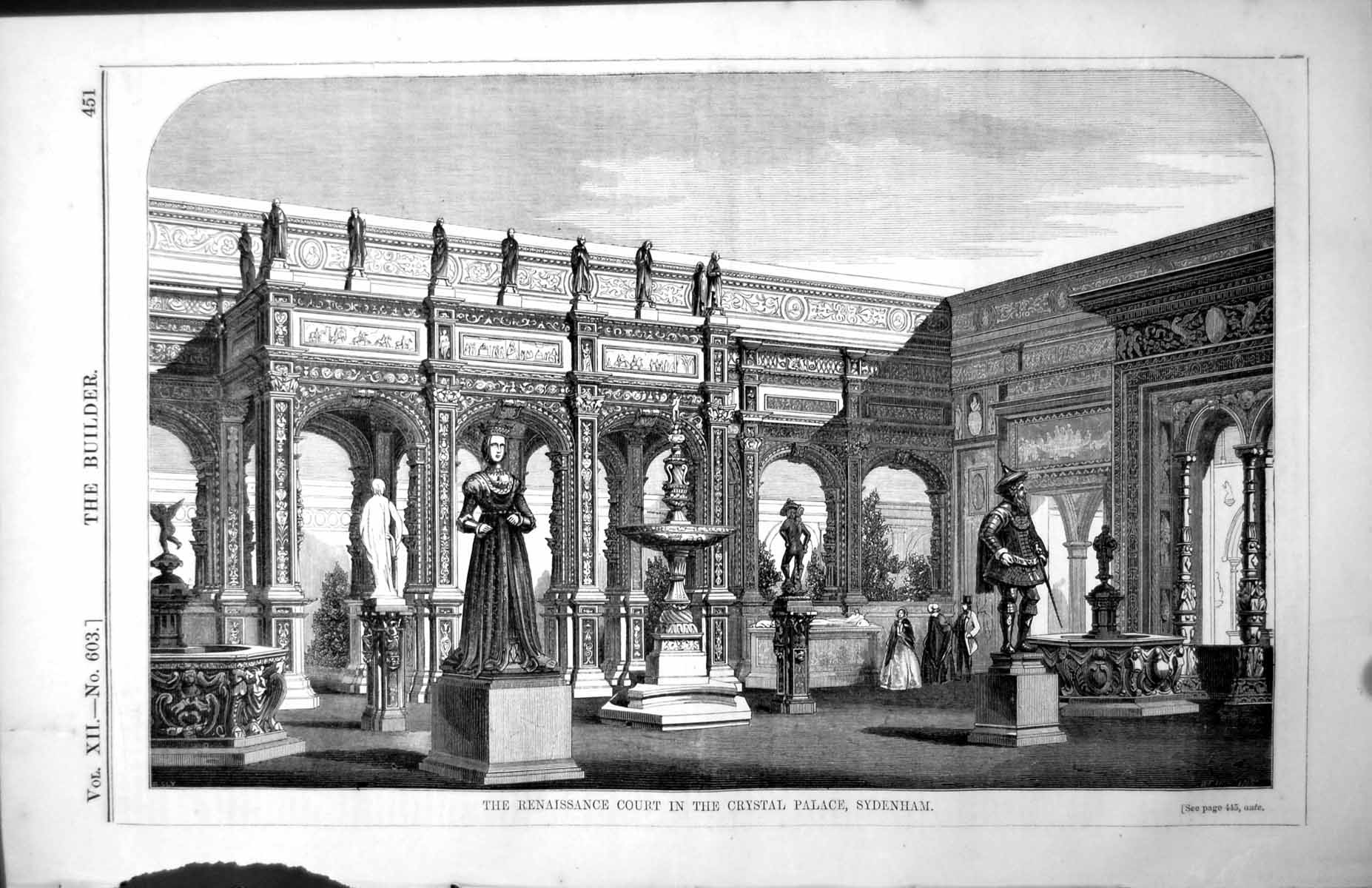 Old Antique Print Renaissance Court Crystal Palace Sydenham Statues 1854 19th