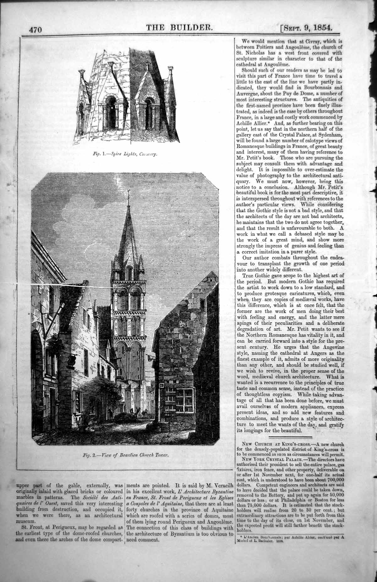 Original Old Antique Print Spire Lights Cormery View Beaulieu Church Tower 1854