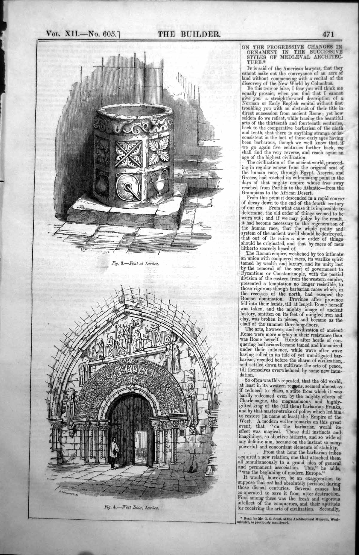 Antique Old Print Font At Loches West Door Loches Medieval Architecture 1854