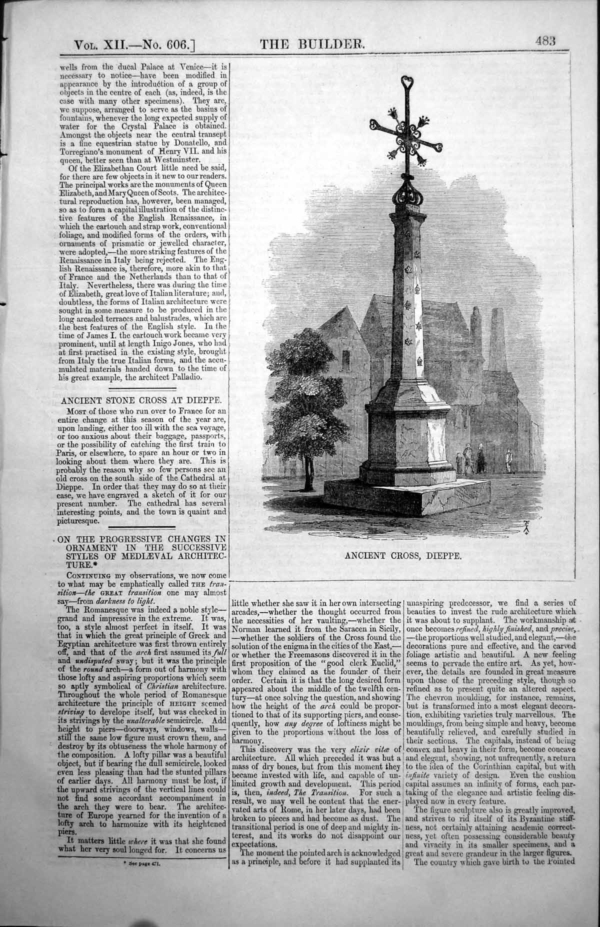 Original Old Antique Print Ancient Stone Cross Dieppe South Side Cathedral 1854