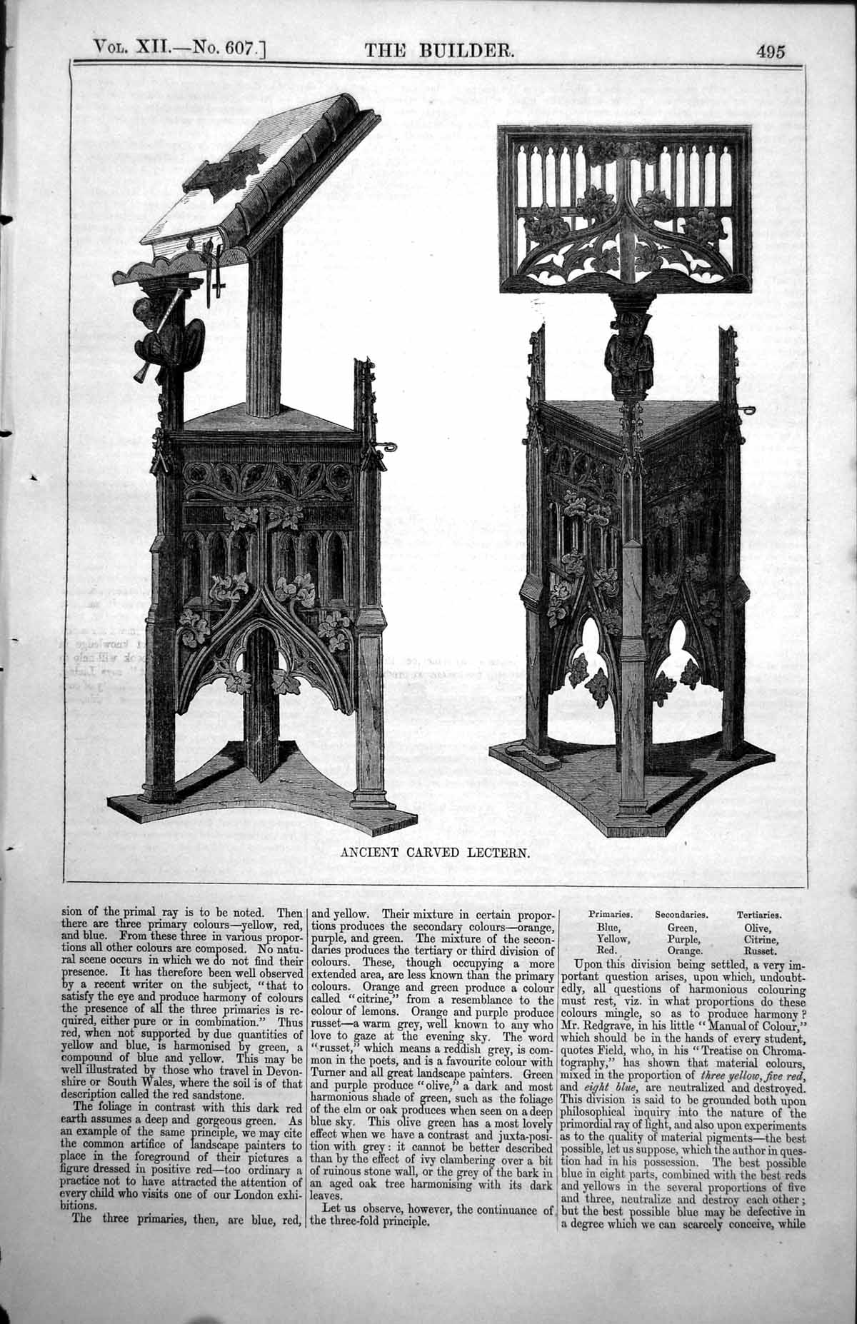 Original Old Antique Print Ancient Carved Lectern Triangle Shape Bible 1854
