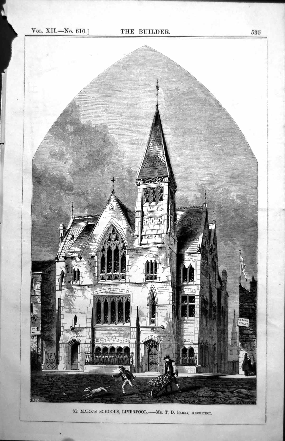 Antique Print St Marks Schools Liverpool Exterior T D Barry Architect 1854 19th
