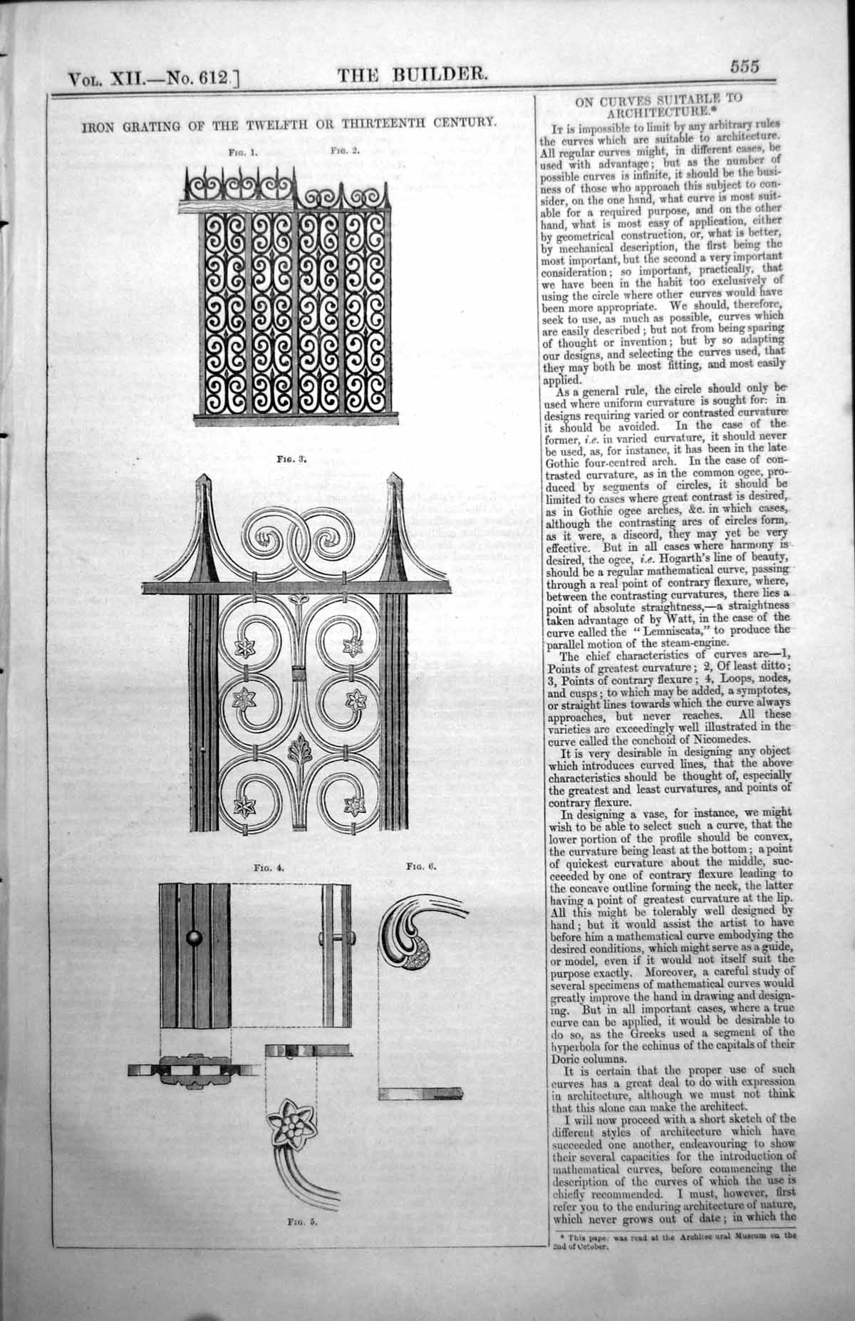 Antique Old Print Iron Grating Twelfth Thirteenth Century Curves Circles 1854