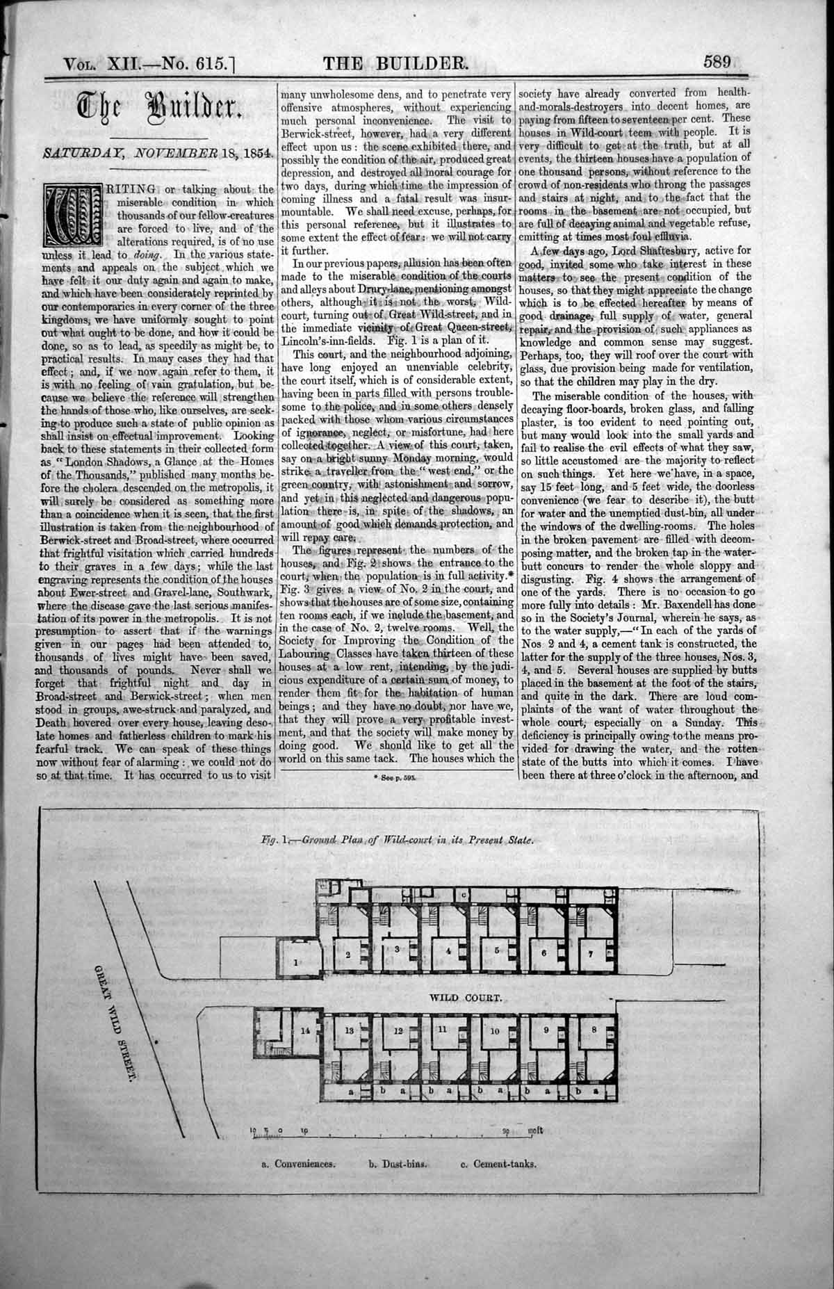 Antique Old Print Ground Plan Wild Court Front Garret Gutter Soil Slops 1854