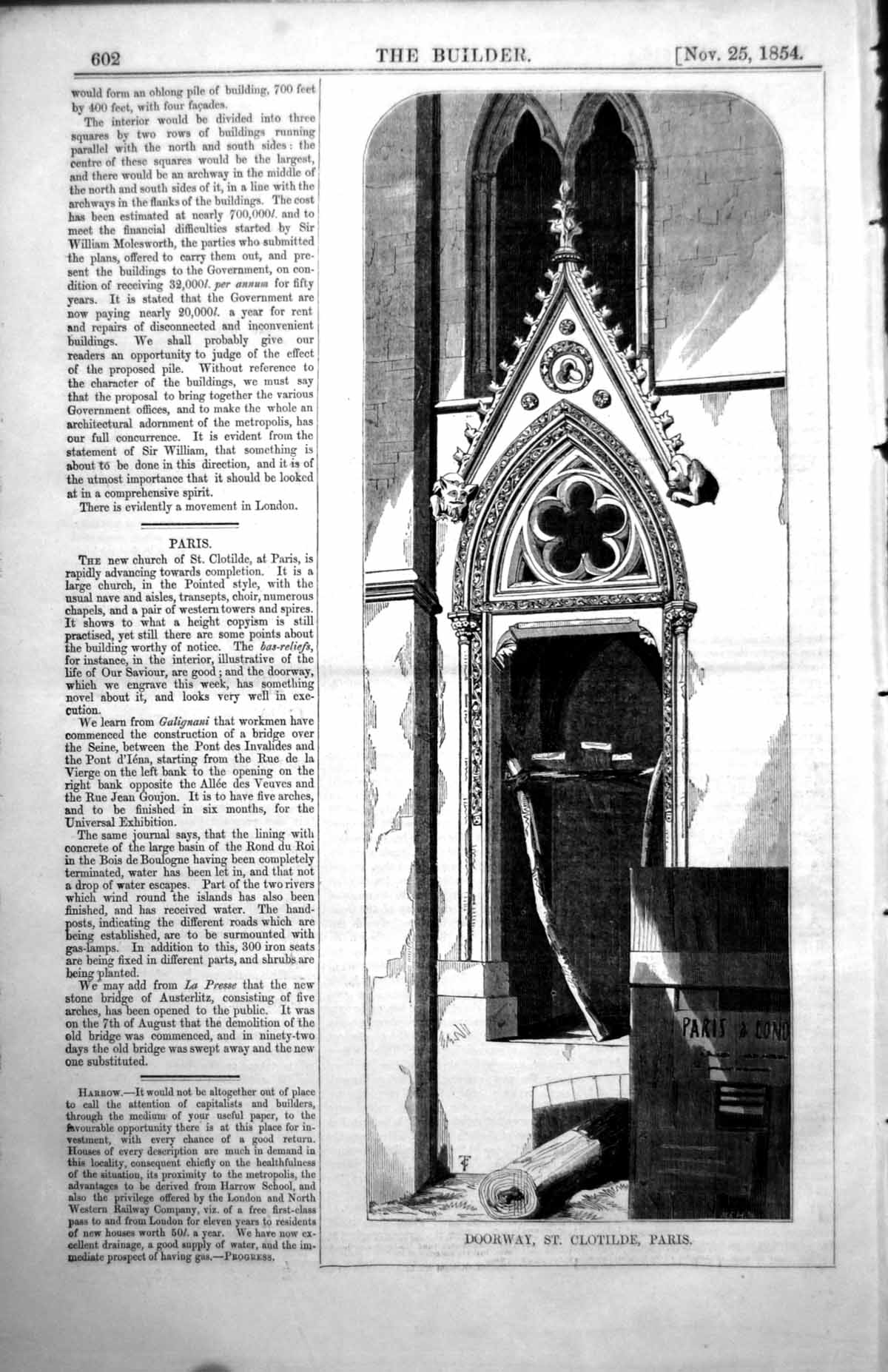 Old Antique Print Doorway New Church St Clotilde Paris Pointed Style 1854 19th
