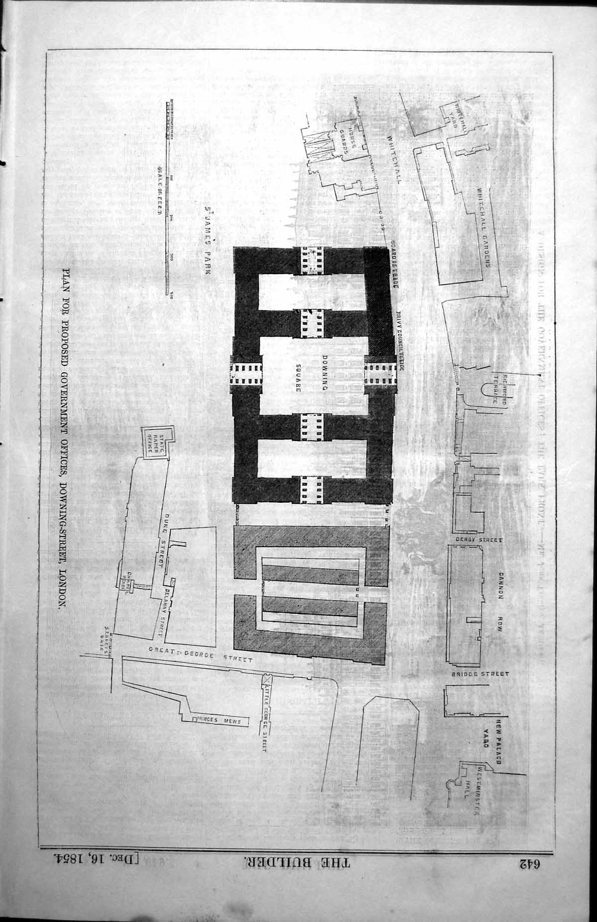 Antique Old Print Plan Proposed Government Offices Downing Street London 1854