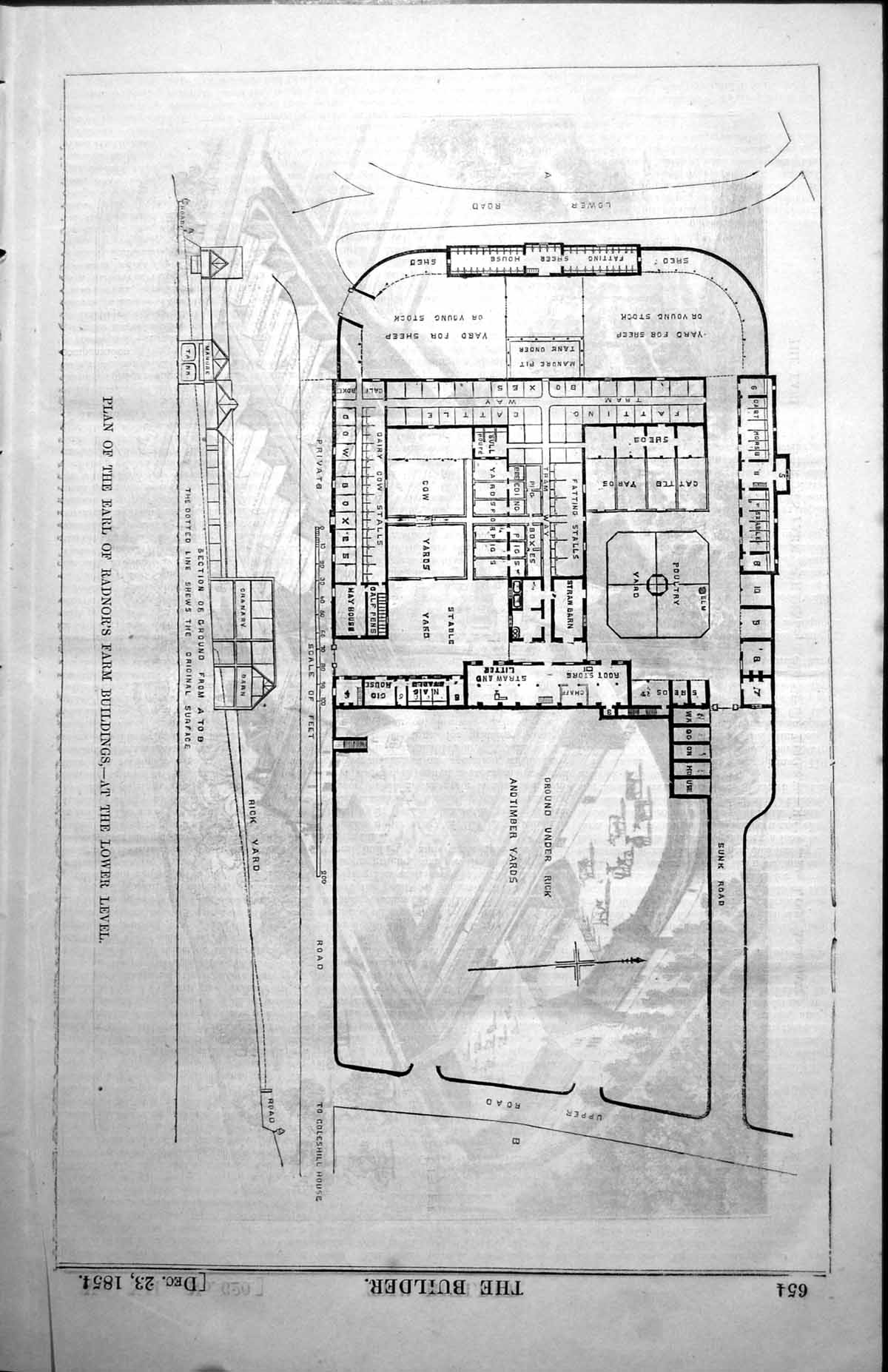 Old Print Plan Earl Radnors Farm Buildings Lower Level Granary Barn 1854 19th