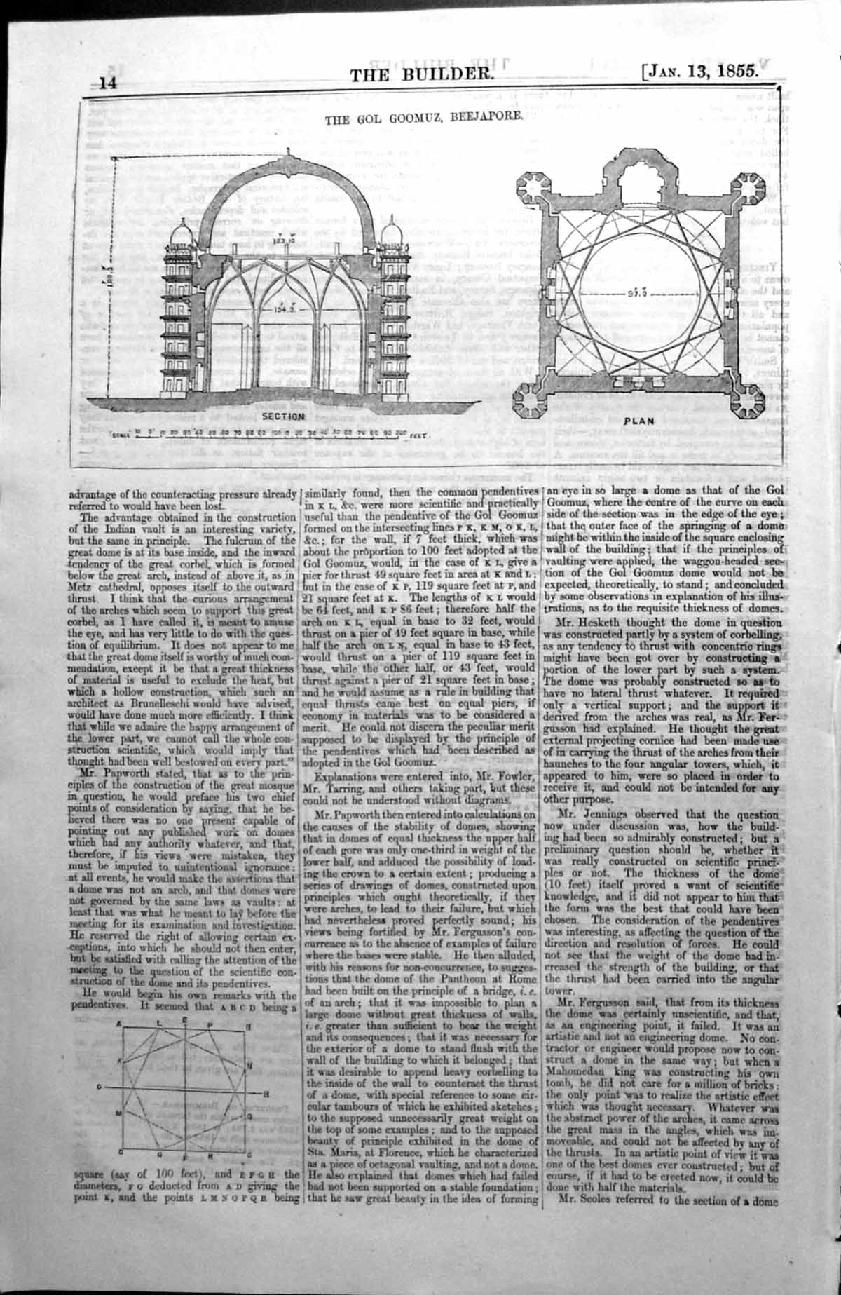 Original Old Antique Print Gol Goomuz Beejapore Plan Architecture 1855 Builder