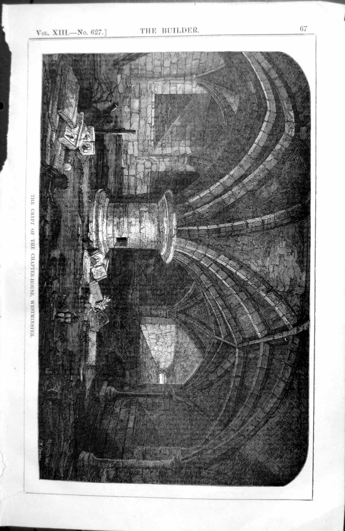 Antique Old Print Crypt Chapter House Westminster Architecture 1855 Builder