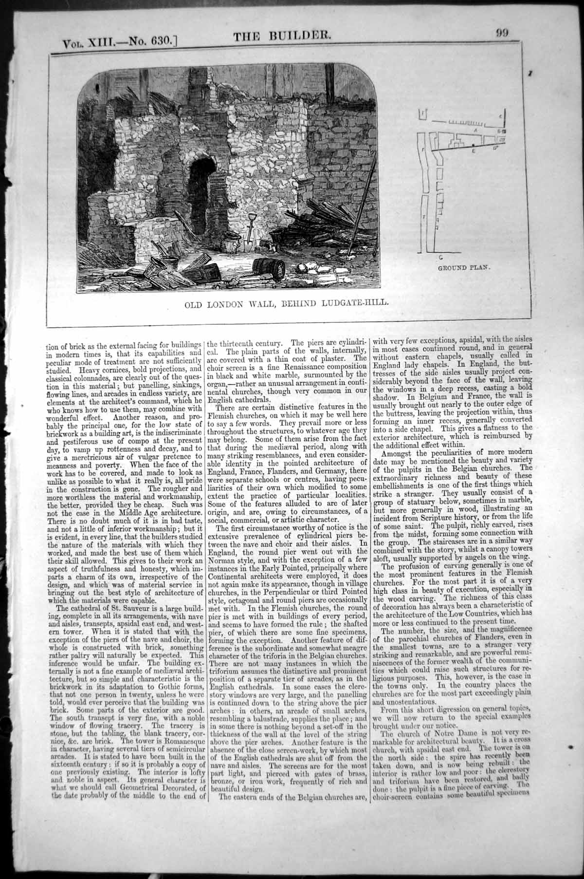 Antique Print Ground Plan London Wall Behind Ludgate Hill Architecture 1855