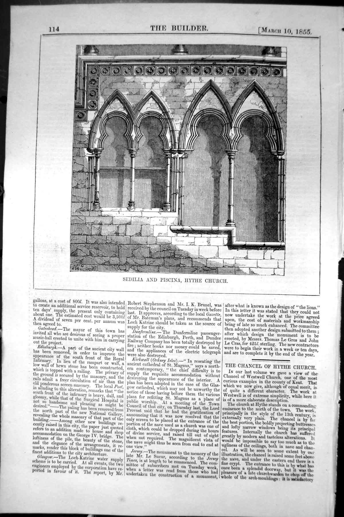 Old Antique Print Sedilia Piscina Hythe Church Architecture 1855 Builder 19th