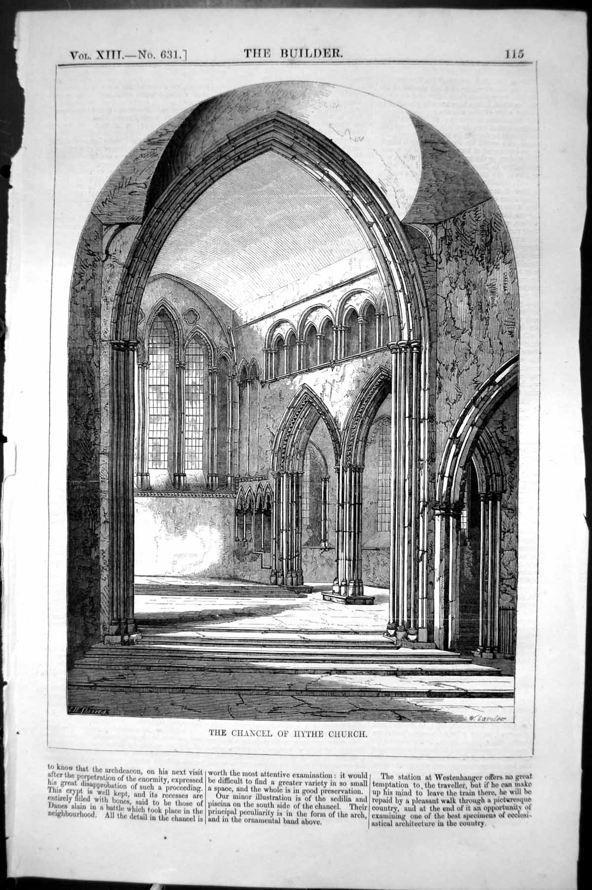 Old Antique Print Interior Chancel Hythe Church Architecture 1855 Builder 19th