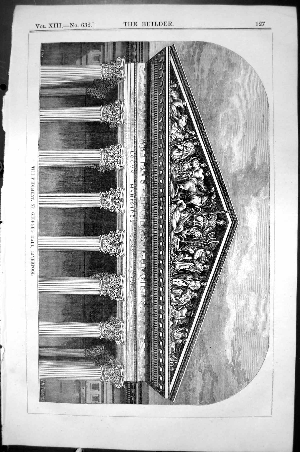Old Print Pediment St. George'S Hall Liverpool Architecture 1855 Builder 19th