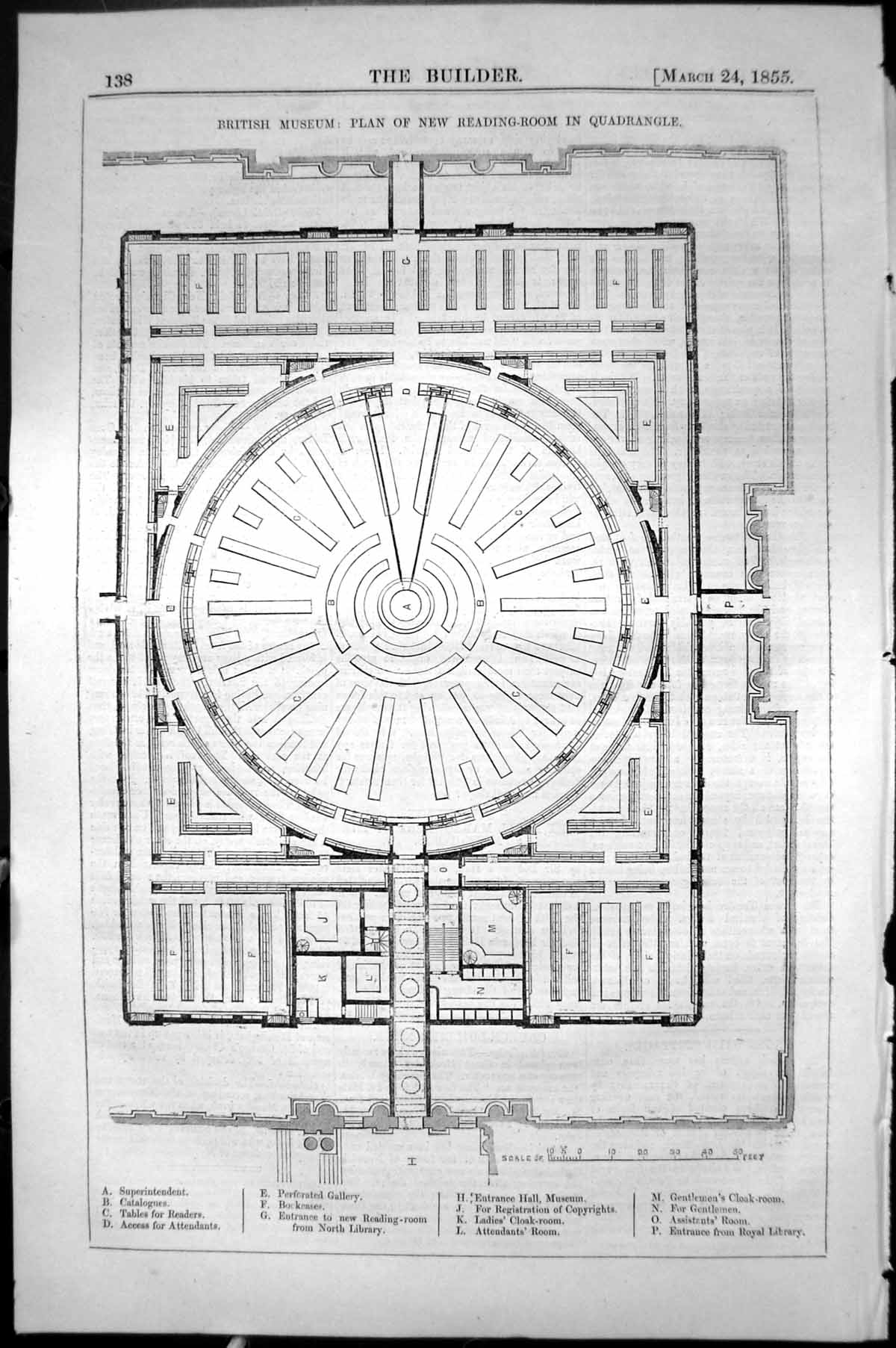 Antique Old Print Plan Reading Room Quadrangle British Museum 1855 Builder 19th