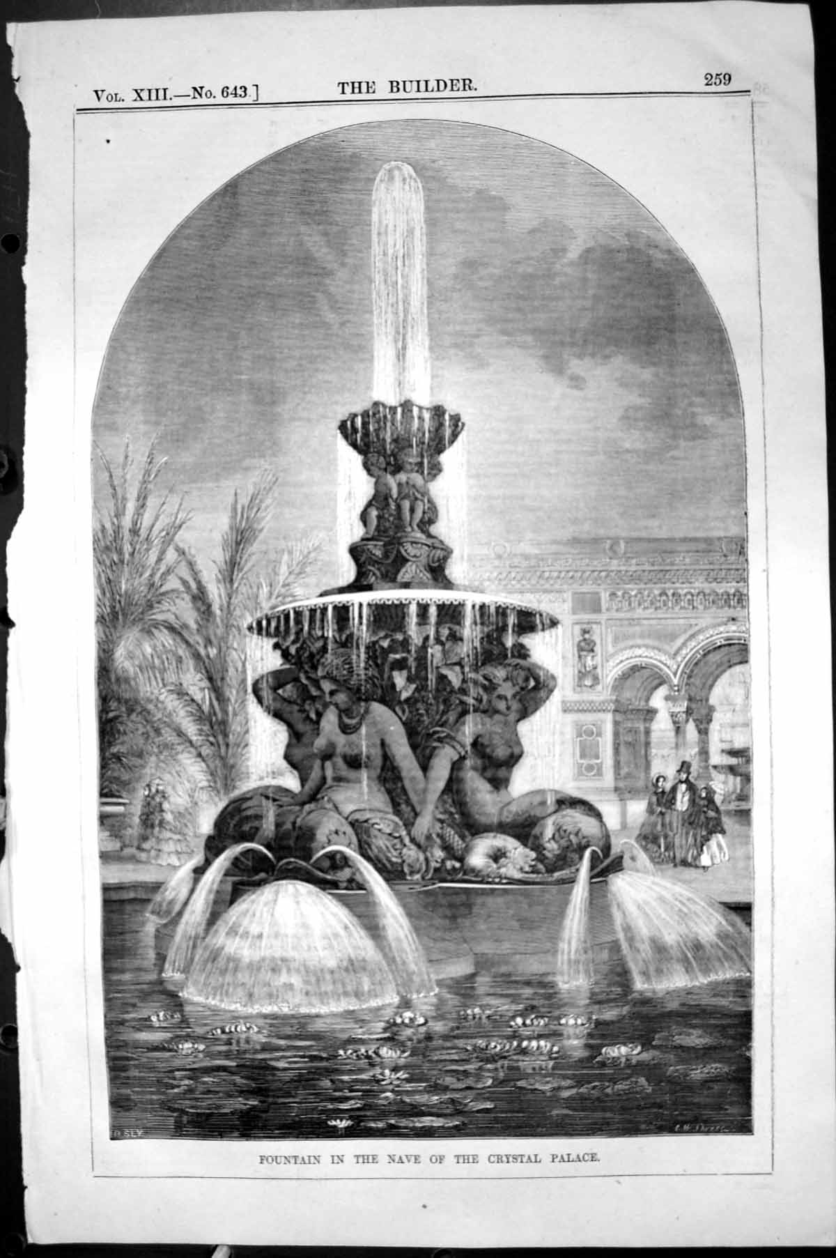 Antique Print Fountain Nave Crystal Palace London Architecture 1855 Builder