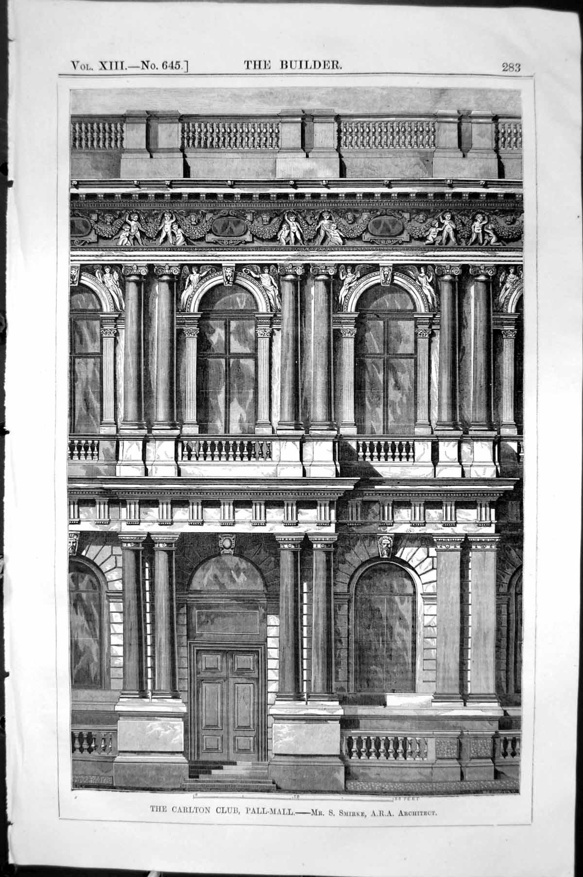 Old Print Carlton Club Pall Mall London Smirke Architecture 1855 Builder 19th