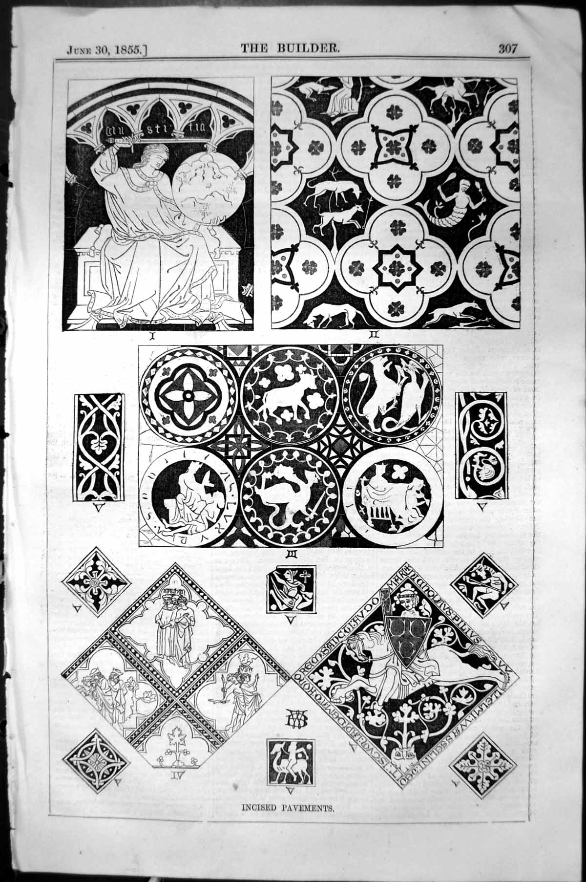 Original Old Antique Print Incised Pavements Patterns Decorations 1855 Builder