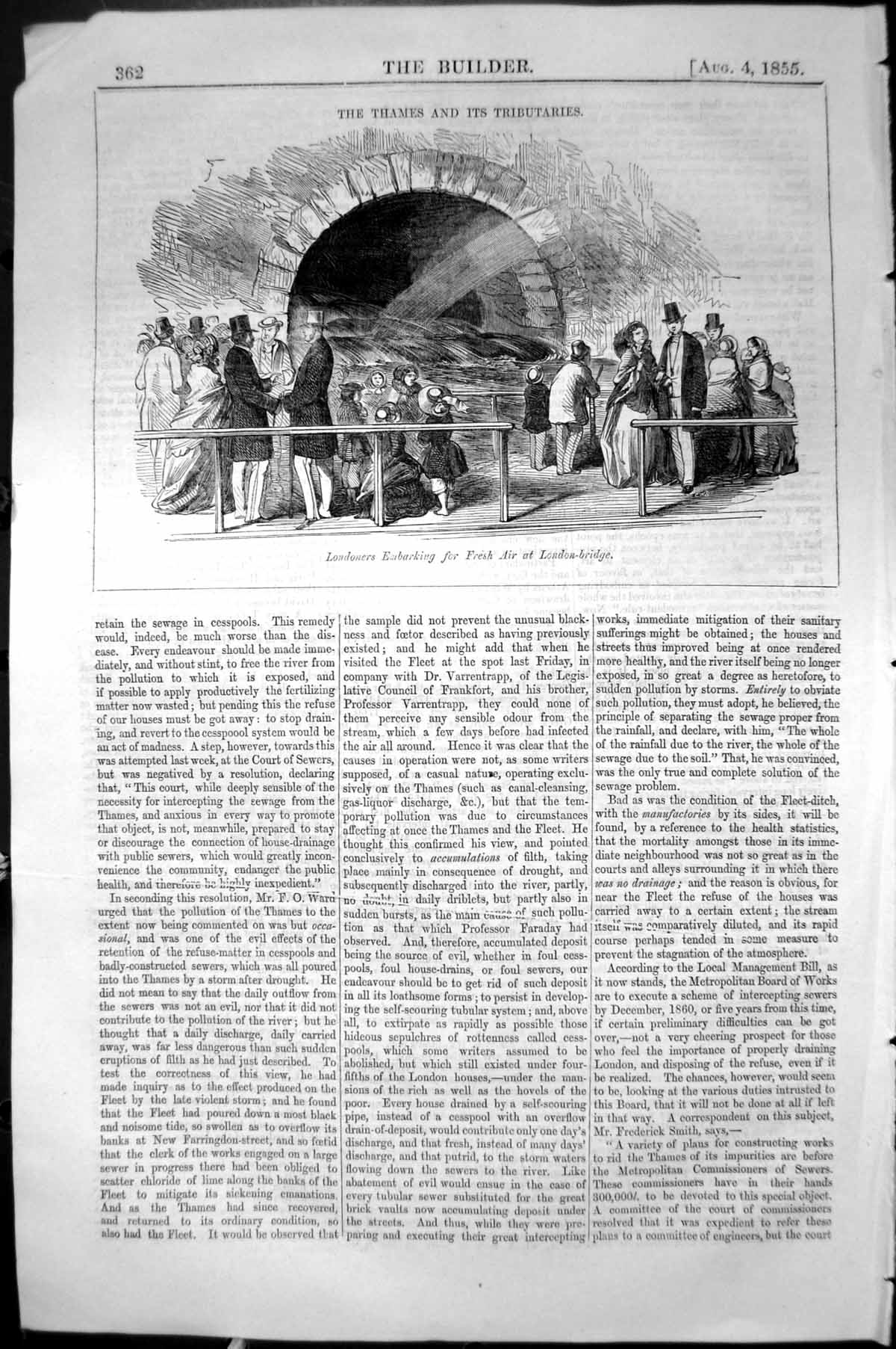 Original Old Antique Print River Thames Tributaries London Bridge 1855 Builder