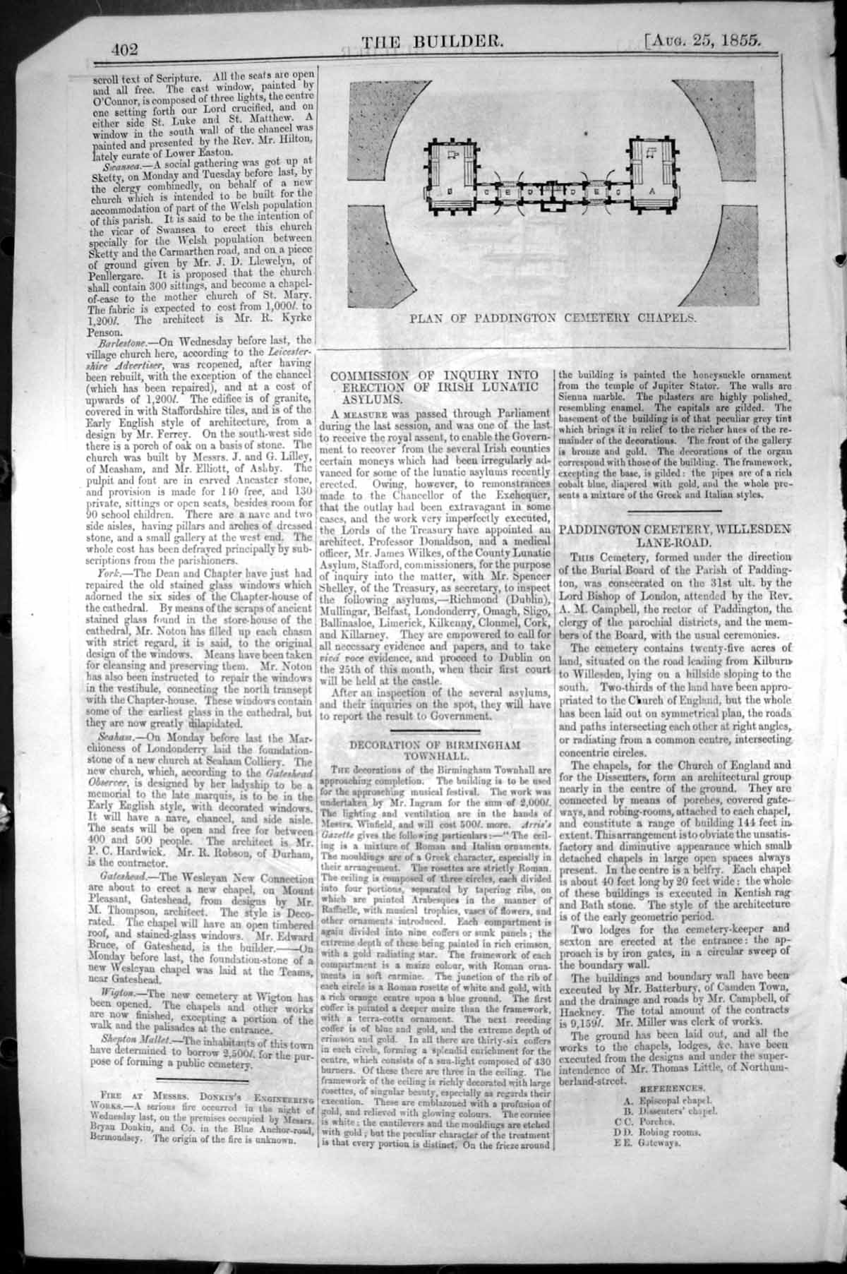 Antique Old Print Plan Paddington Cemetery Chapels Architecture 1855 Builder
