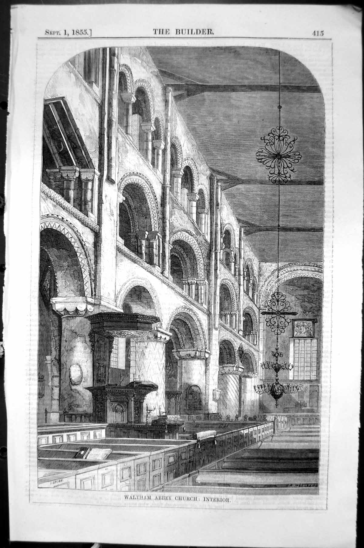Old Antique Print Waltham Abbey Church Interior Architecture 1855 Builder 19th