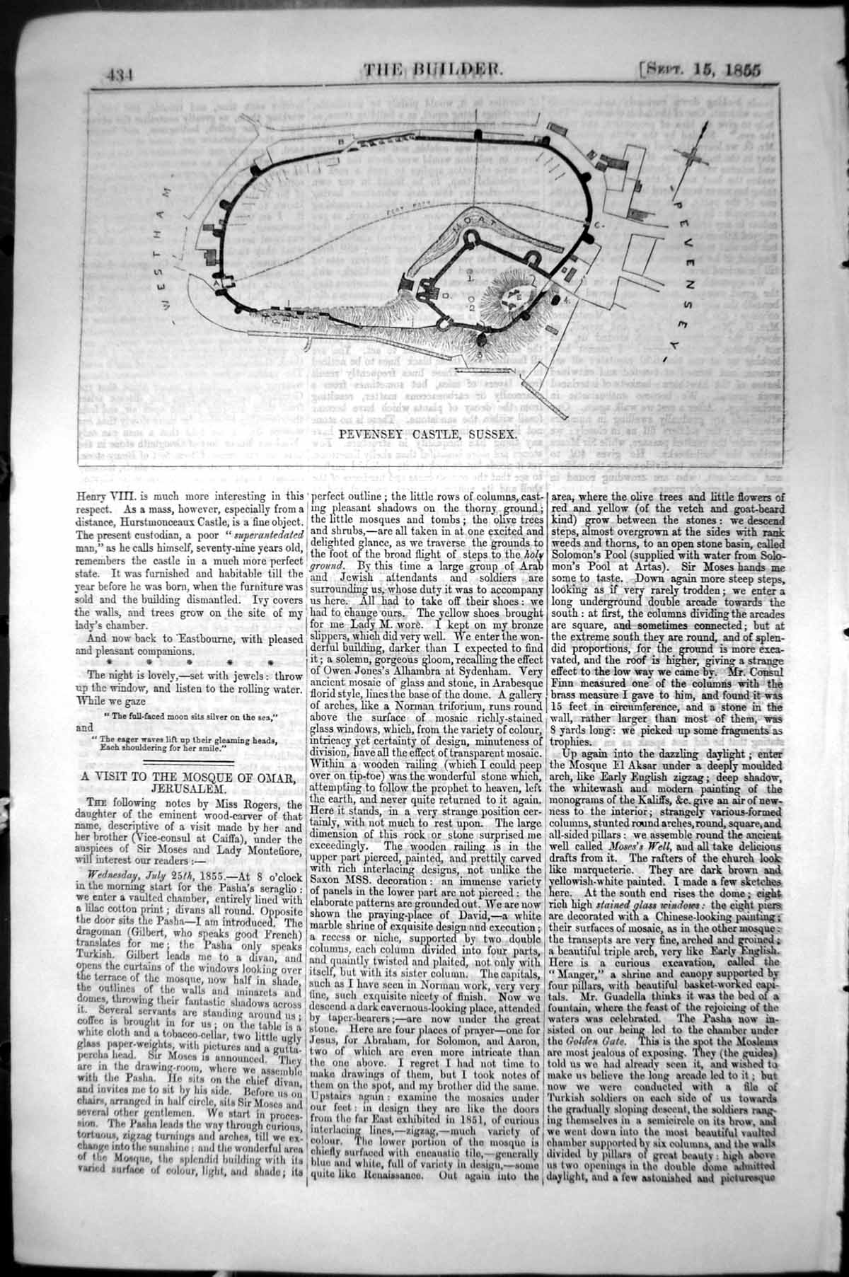 Original Old Antique Print Plan Pevensey Castle Sussex England 1855 Builder