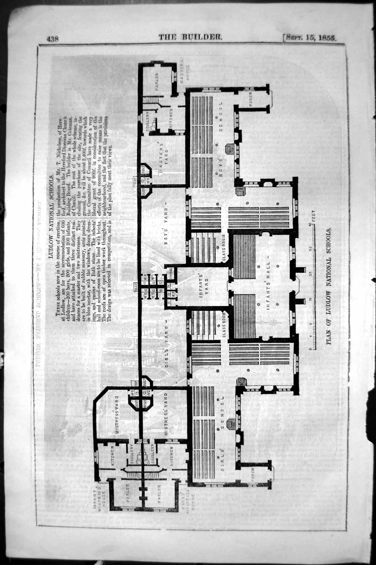 Old Antique Print Plan Ludlow National Schools Architecture 1855 Builder 19th